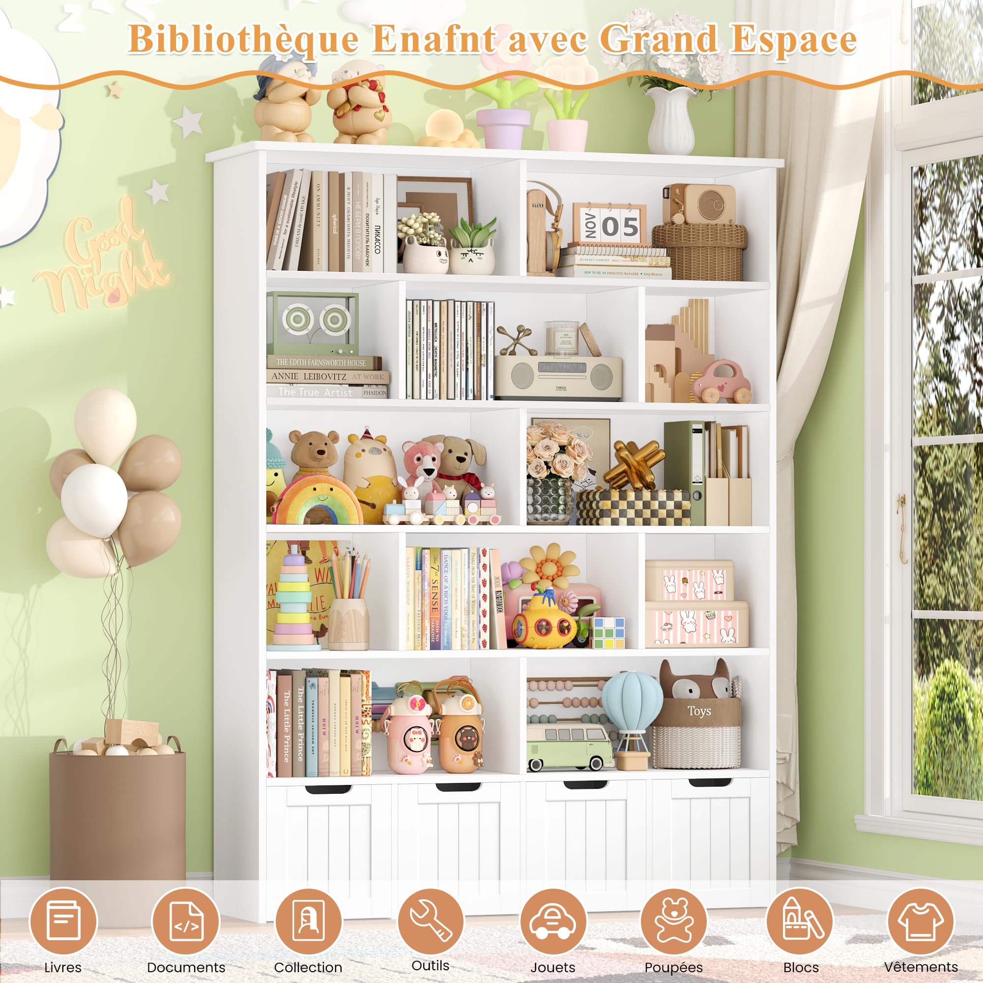 FOREHILL Meuble de Rangement Enfant Bibliothèque Enfant avec 13 Étagères 4 Tiroirs Roulants Rangement Jouet pour Chambre d’Enfant Salle de Jeu 125.5x33x175cm Blanc
