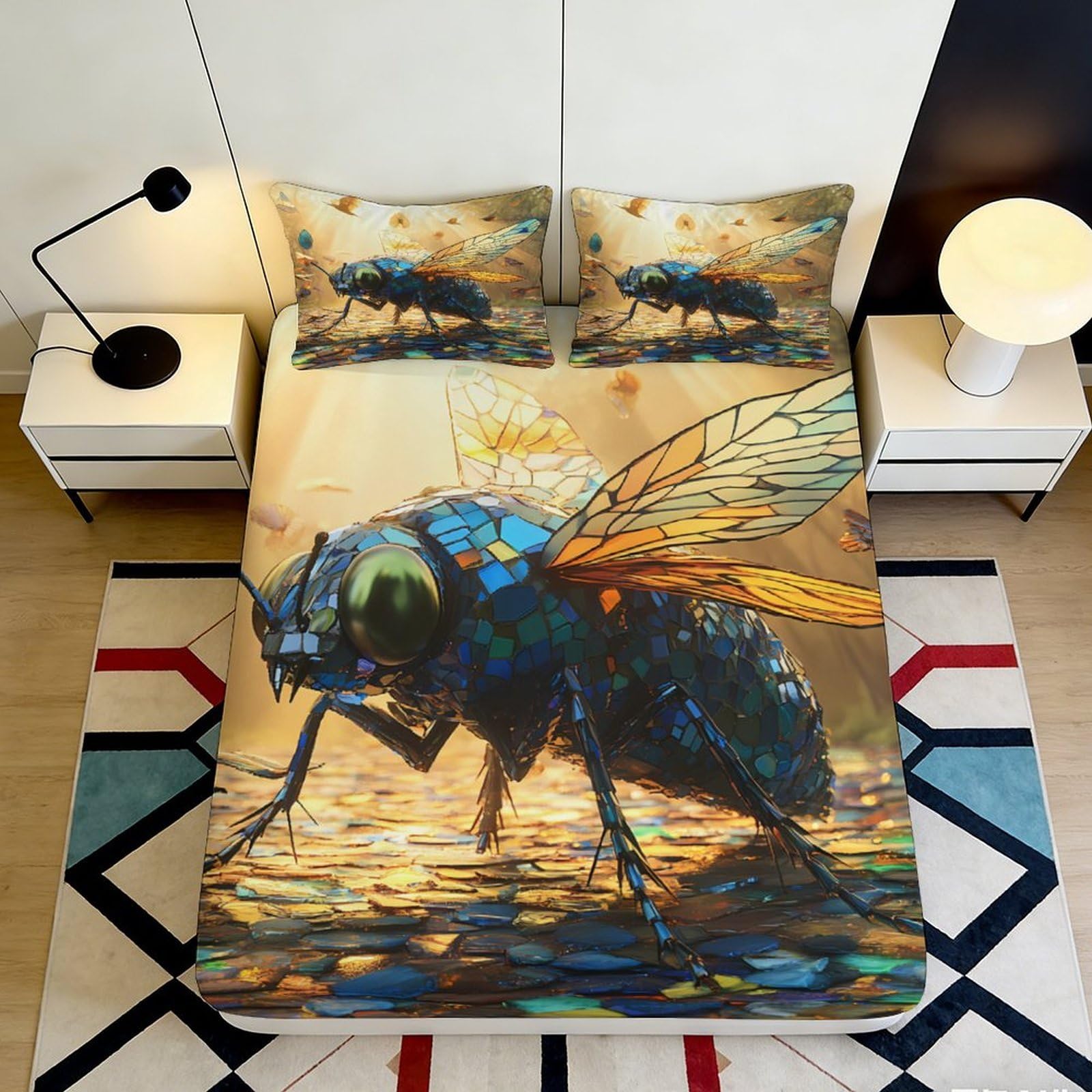 3D Printed Blue Insect Fitted Sheet Microfiber Artistic Bee Pattern Mattress Cover for Bedroom Dorm Decoration 90x200x25cm