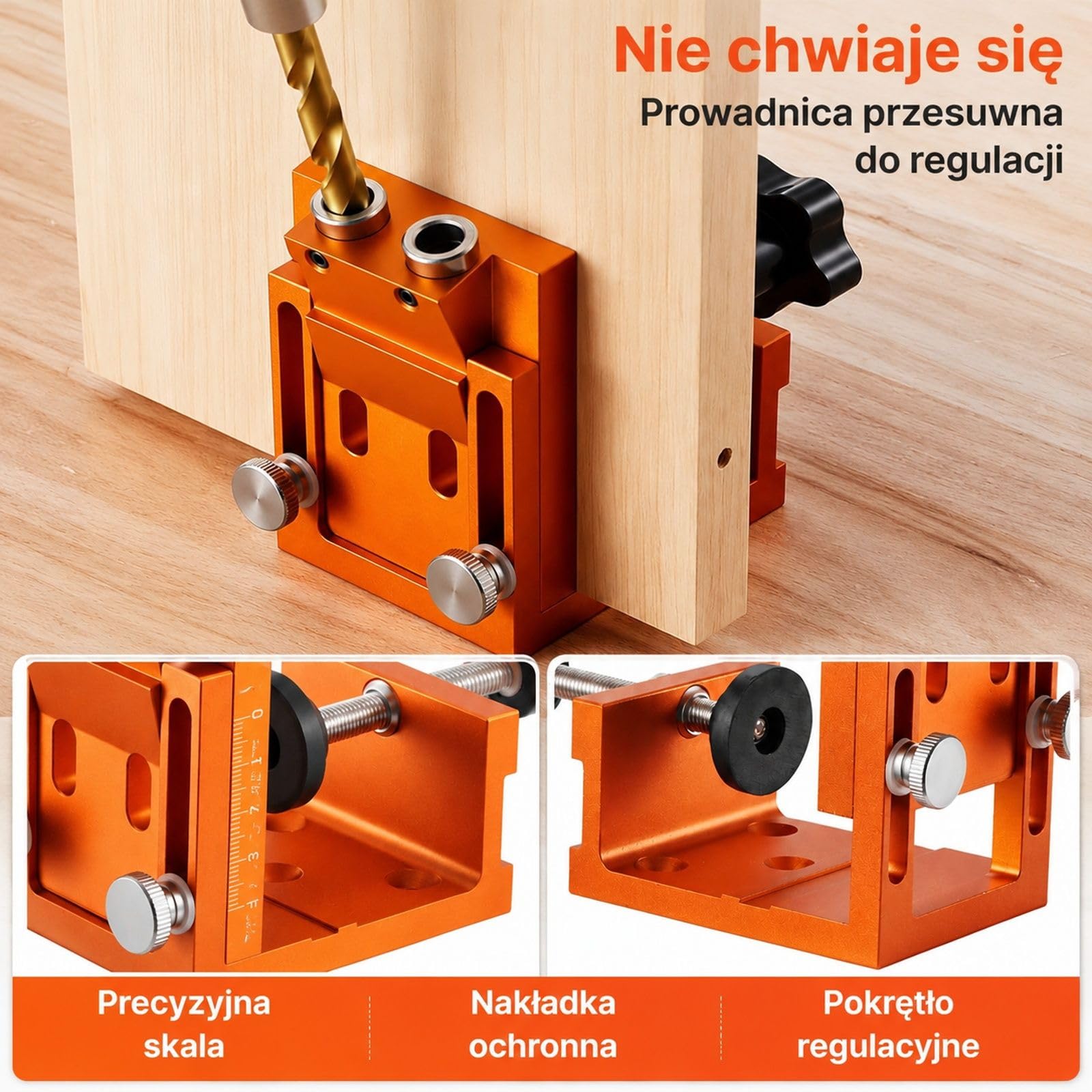Zestaw szablonów do otworów kieszeniowych z wiertłem stopniowym, kluczem imbusowym, pierścieniem ograniczającym, bitem kwadratowym, kołkami i śrubami