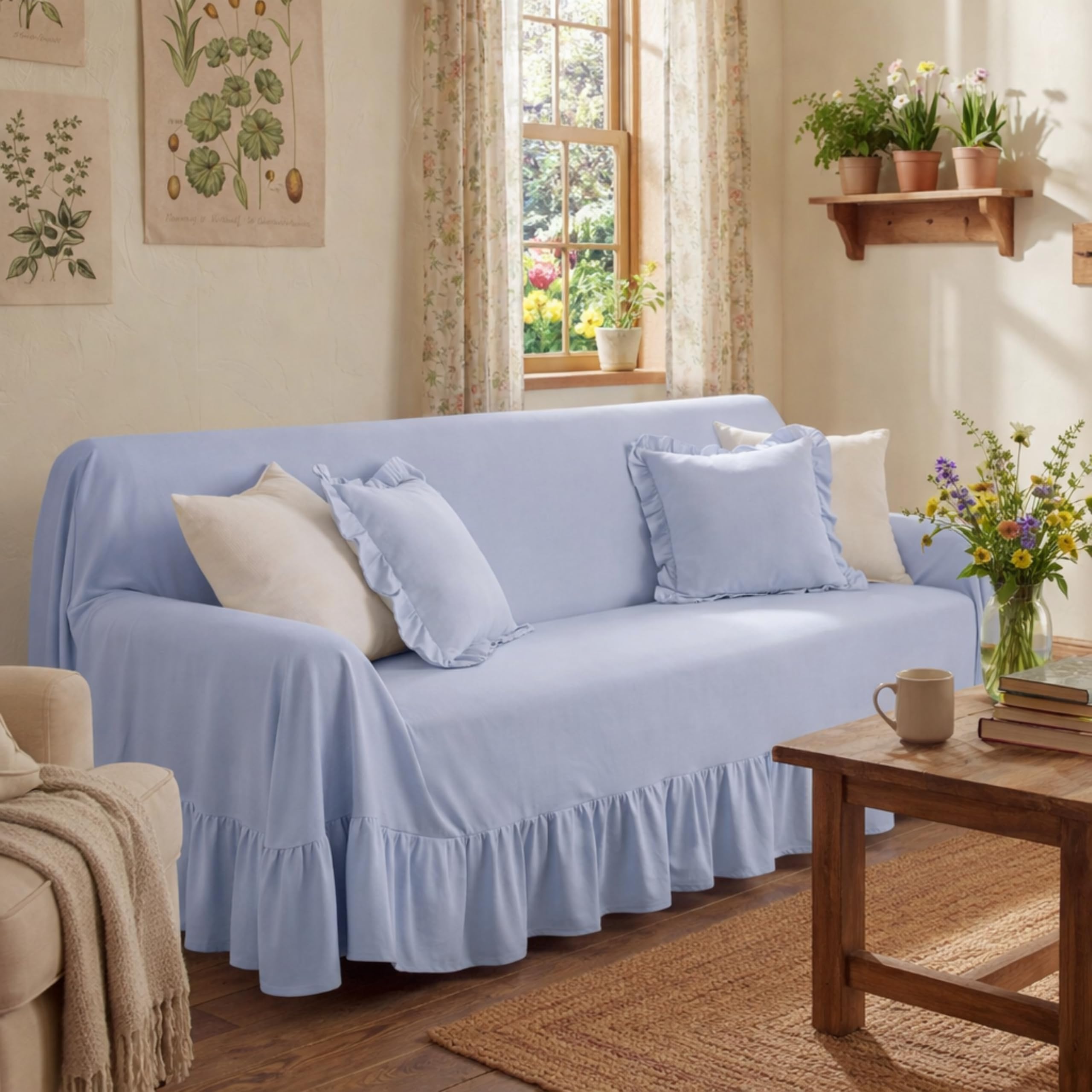 Photo 1 of CrystalSylara Sky Blue Cottagecore Couch Cover with Ruffle Farmhouse Sofa Slipcover One Piece Cotton Sofa Cover for 3 Seat Washable French Country Living Room Decor (118" w X 71" h)