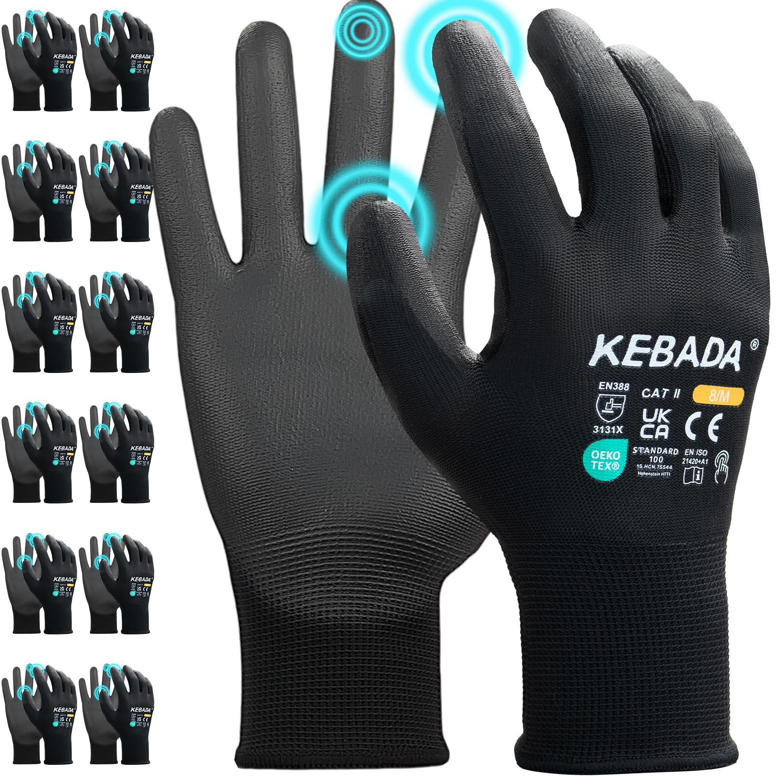 Kebada Work Gloves for Men and Women, PU Coated Touchscreen Safety Working Gloves with Grip, Great for Gardening, Mechanic, Warehouse, Driving, Construction, Manufacturing, Black, 12 Pairs, X-Large โ image 1