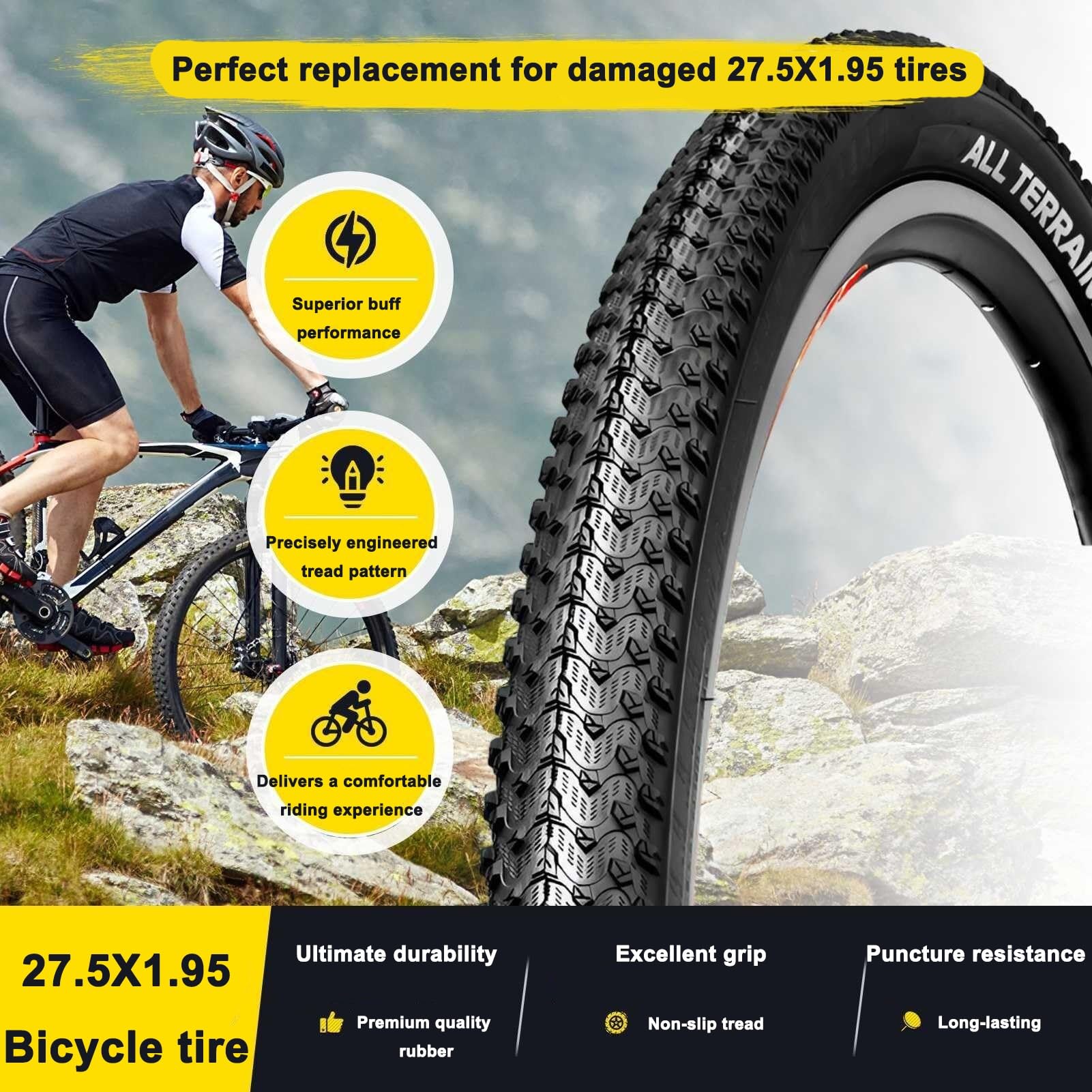2PC 27.5/1.95 Cámara De Aire Bicicleta con 27.5-1.95 40-65PSI Todo-Terreno Resistente al Desgaste 27.5 1.95 MTB Instalación Fácil