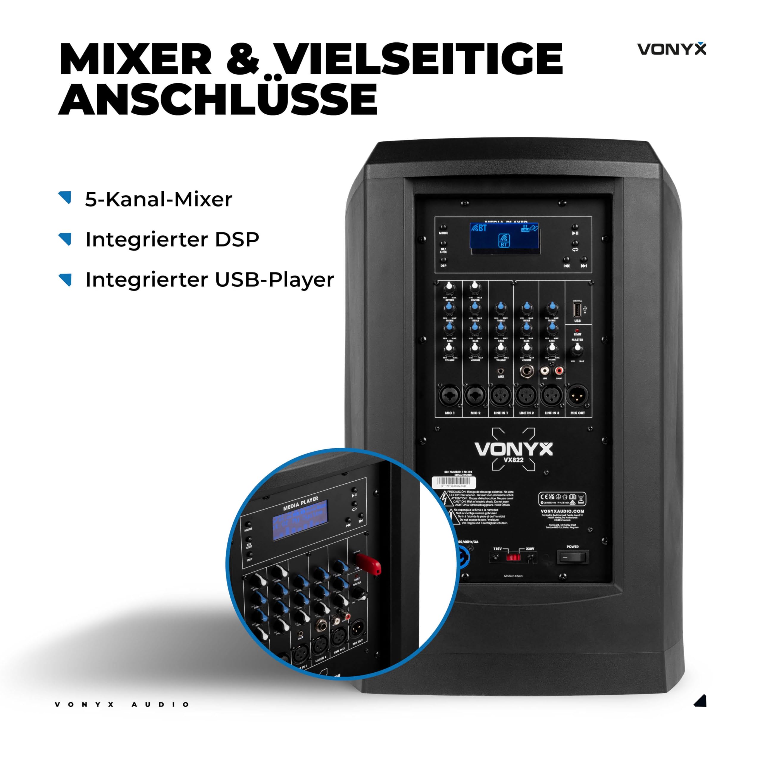 Vonyx VX822 Column Speaker System 2er Set PA Anlage Aktiv 1800 Watt Line Array Säulenlautsprecher 12 Zoll Subwoofer Bluetooth 5.0
