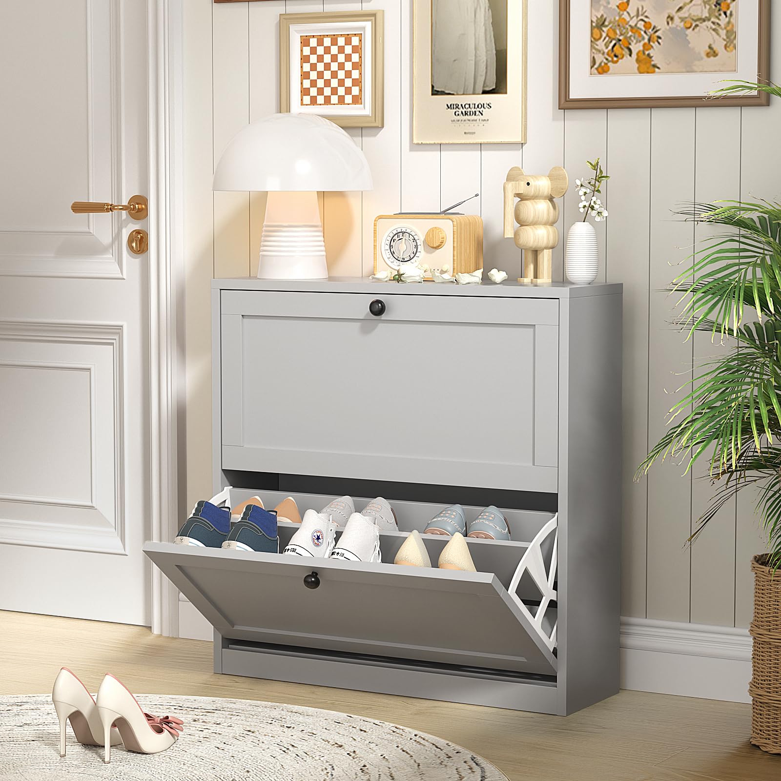VOWNER Zapatero 2 Puertas, Zapatero Estrecho, Zapatero Entrada Recibidor, 80 x 24 x 80 cm (Largo x Ancho x Alto), Zapatero Blanco, Zapatero Madera, para Entrada Estrecha, Pasillo (Gris)