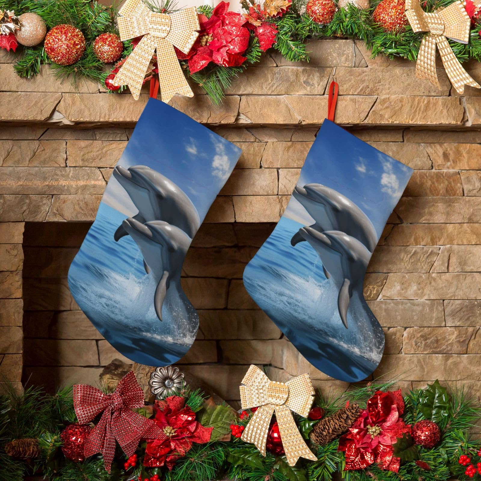 KLOPH Christmas Stockings 18" Personalized Xmas Stocking Two Dolphins Decoration Stocking Hanging Fireplace Stocking for Holiday Xmas Tree Christmas Fireplace Decor