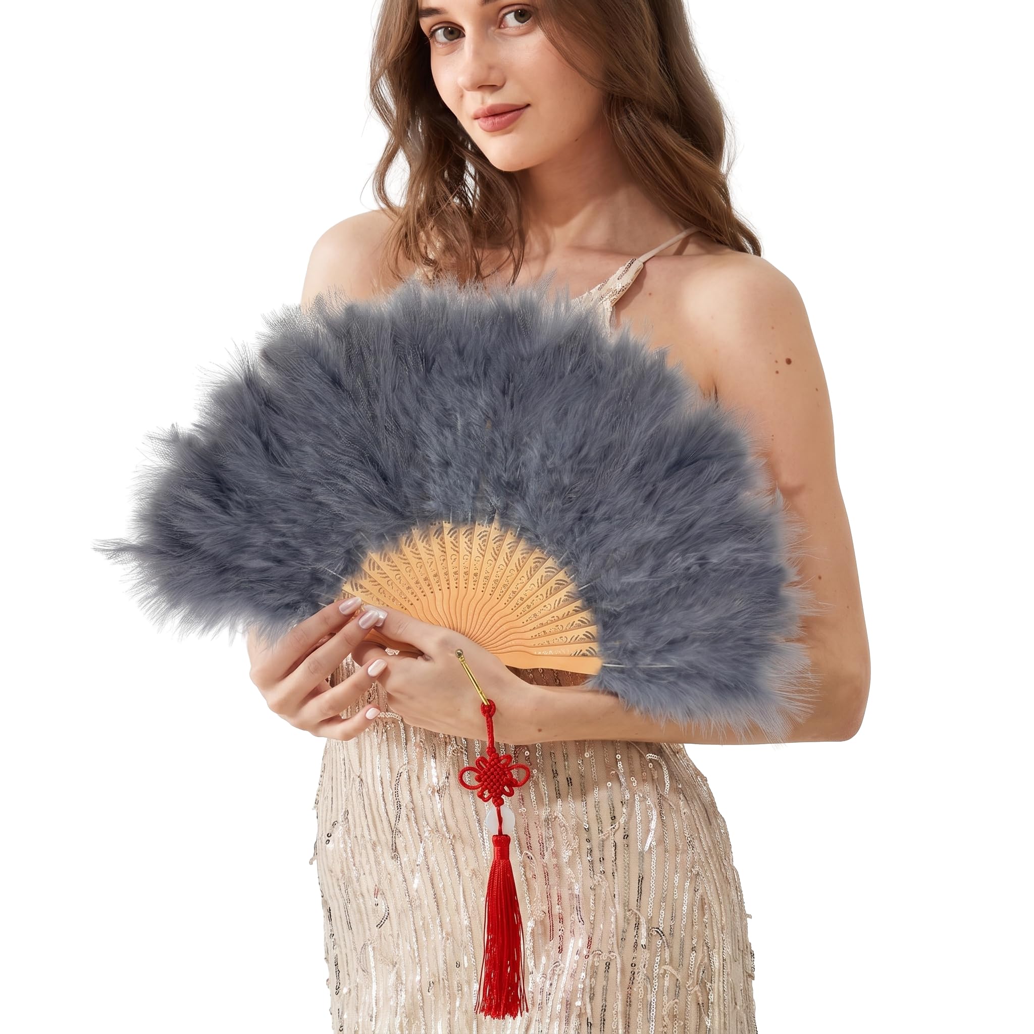 Happy Feather Handheld Marabou Feather Fan, 1920s Vintage Style Flapper Hand Fan for Costume Party and Dancing(No-Electric, No-Battery)-Grey