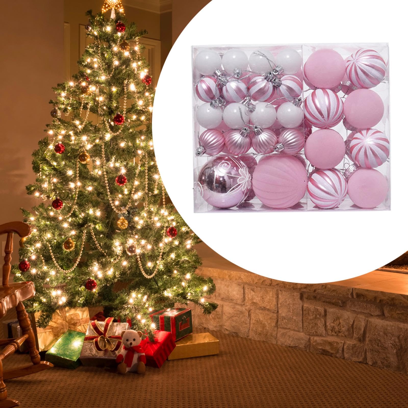 46 Piezas de Adornos Navideños para Decorar El Y para Proyectos de Bricolaje, Flocado Rosa, Individual