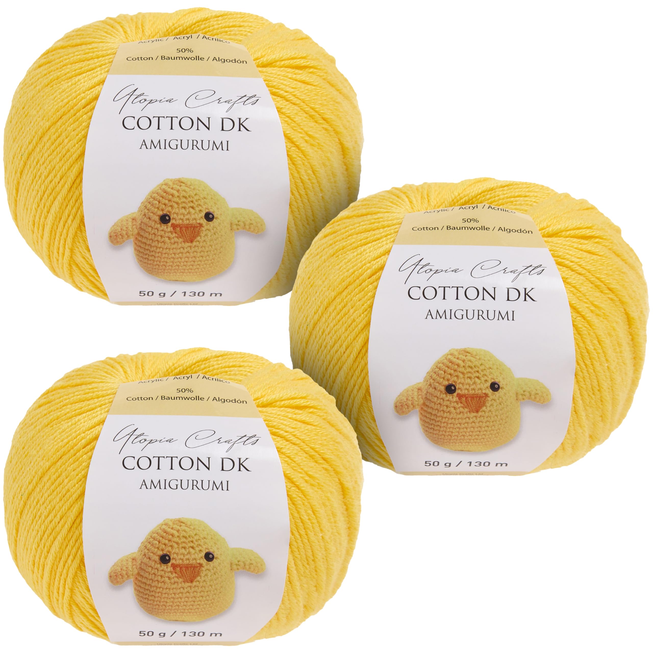 Utopia Crafts Amigurumi Cotton DK Yarn for Crochet and Knitting 50% Cotton, 50% Acrylic Blended, 3X 50g (Yellow)