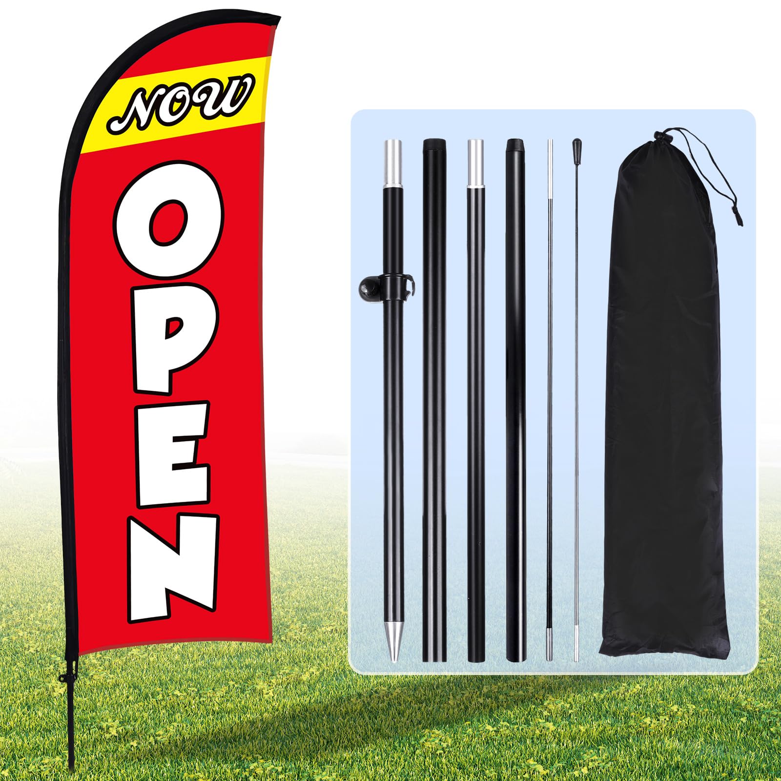 BuryeahNow Open Flag Banner for Business Advertising 7 x 5.4 ft Feather Flag Sign with Flagpole Ground Stake Portable Bag Opening Signs Banner Set for Outside Business(Red)