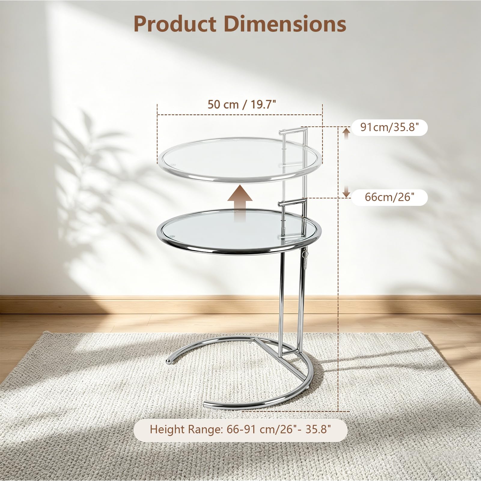 Mesa Auxiliar Redonda De Cristal, Mesa De Centro En Forma De C, Marco De Acero Inoxidable, Altura Regulable Hasta 66-91 Cm, Mesa De Cristal Para Salón, Tapa De Vidrio, Color Plateado