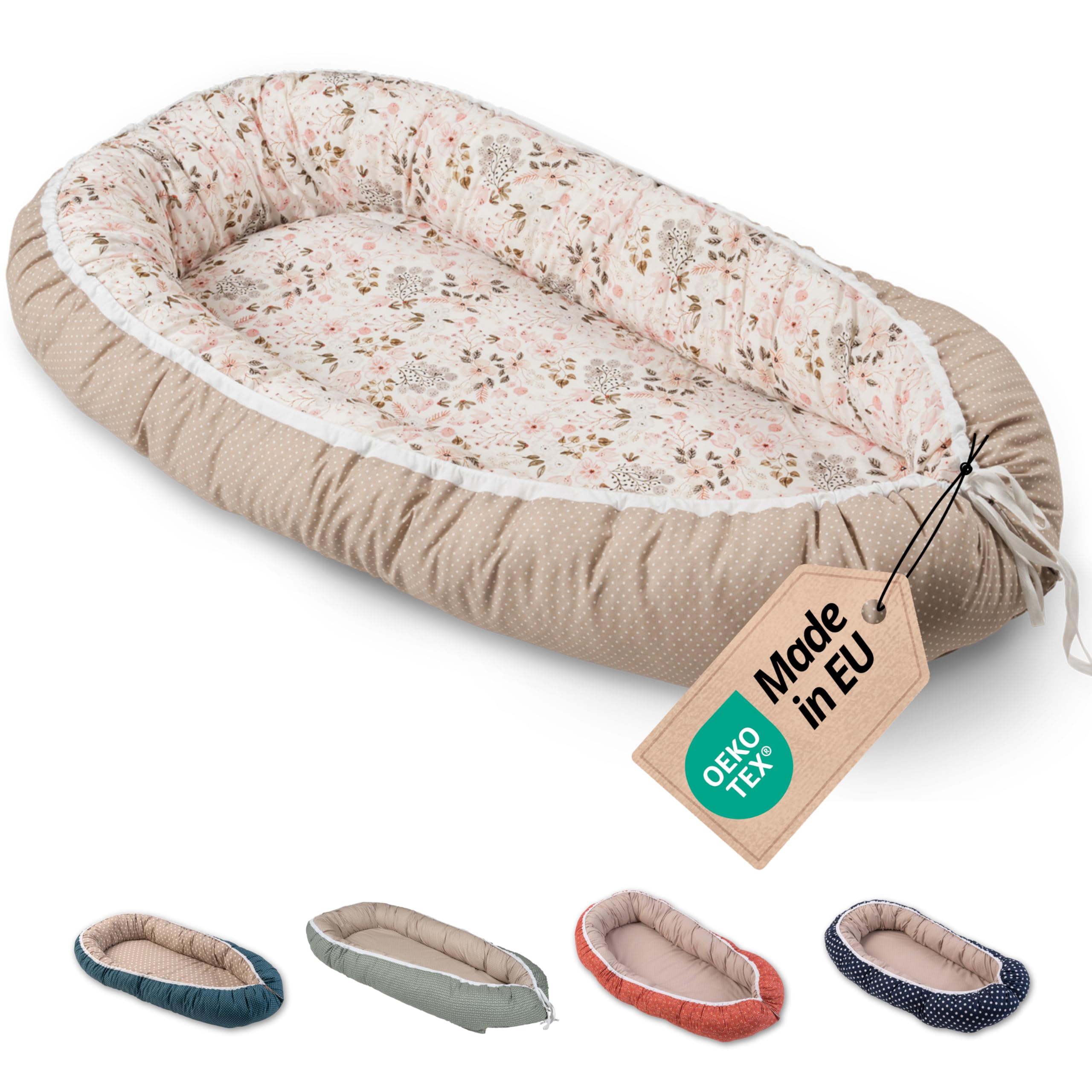 ULLENBOOM Babynest - 100% OEKO-TEX Materialien & Made in EU, Rosa Blüten - Babynestchen Neugeborene aus kuscheliger Baumwolle, Ideal als Reisebett & Kuschelnest geeignet