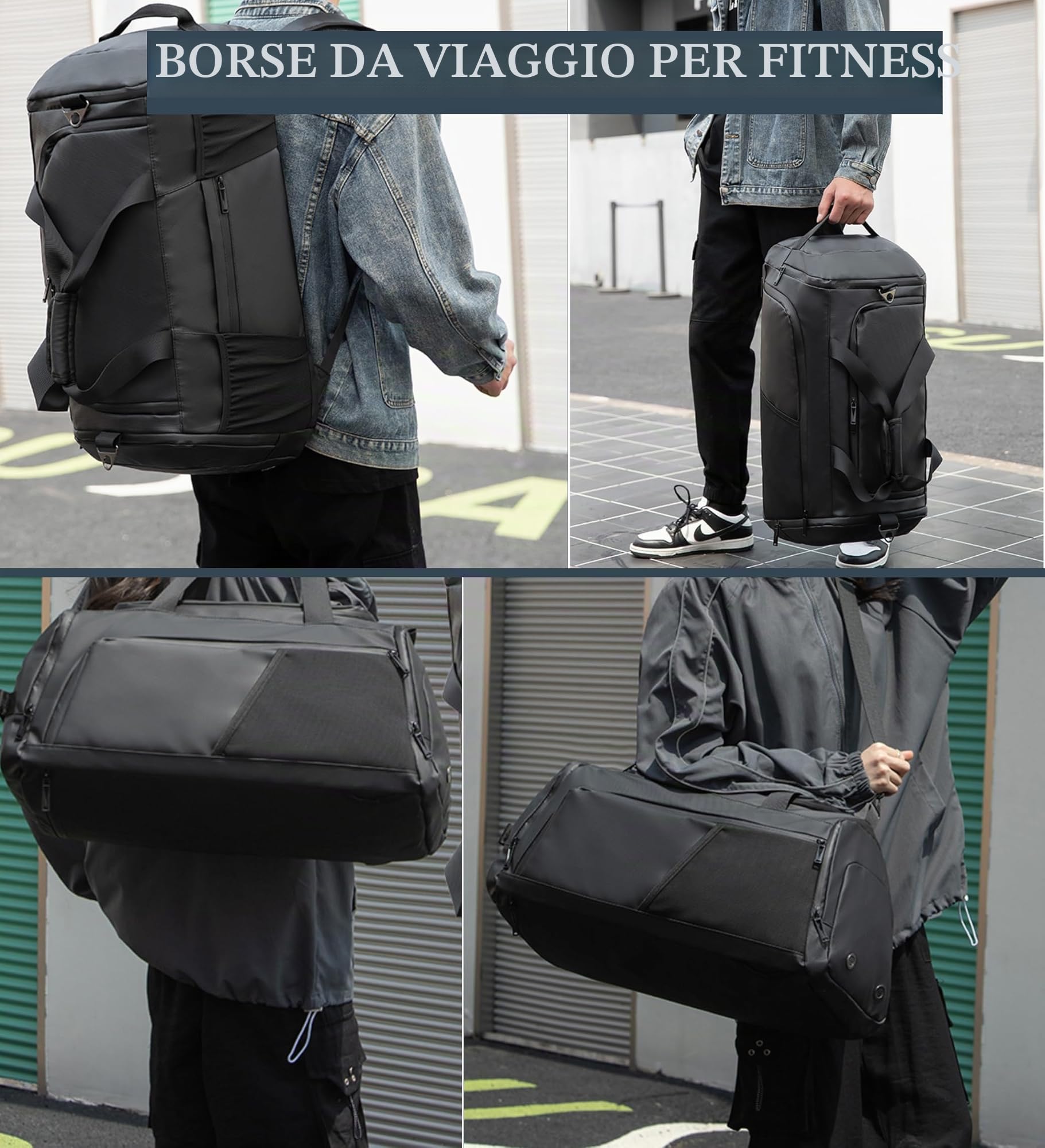Borsa sportiva 3 in 1 per uomo con scomparto per scarpe, borsa da viaggio con tracolla, zaino da viaggio impermeabile
