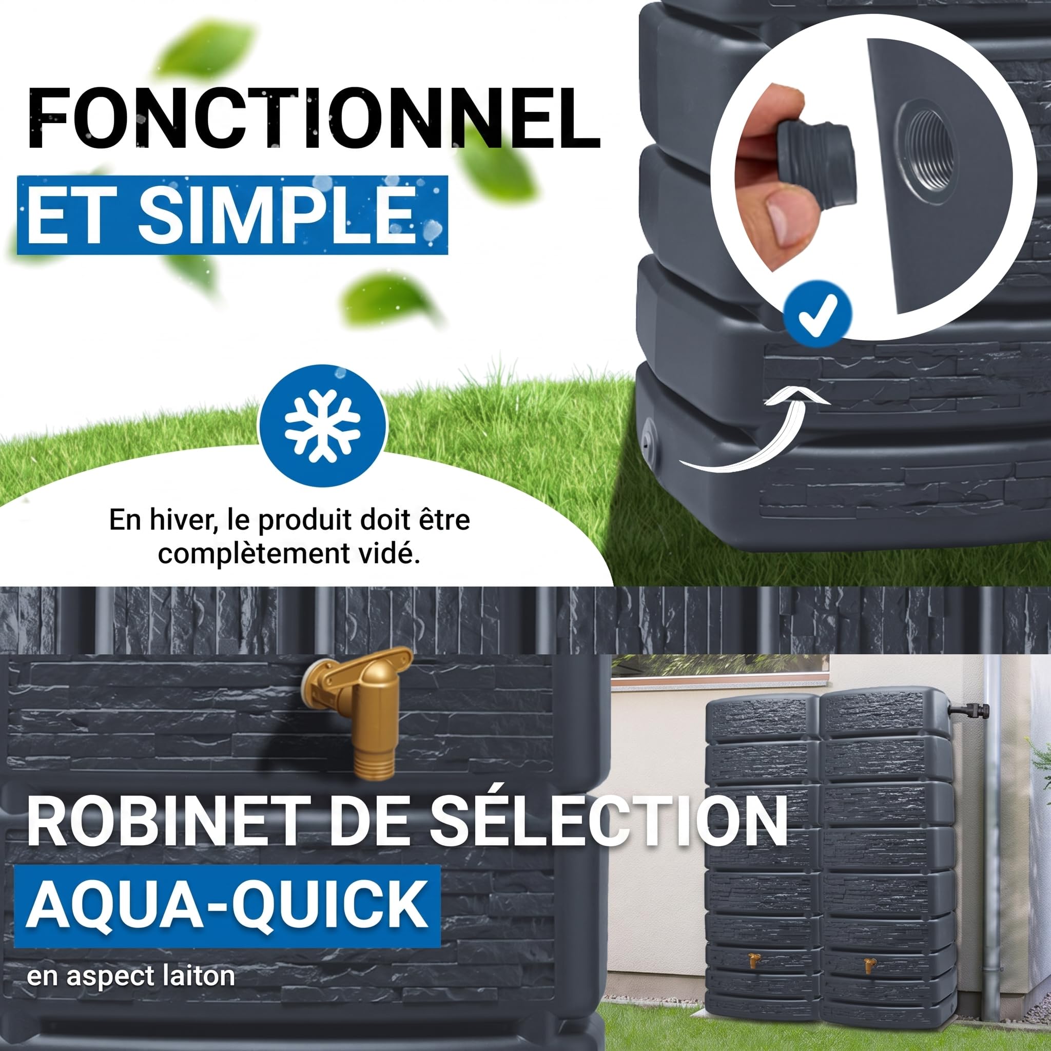 4rain Slim Stone Decor Réservoir Mural-Set 1 000 litres Gris Graphite