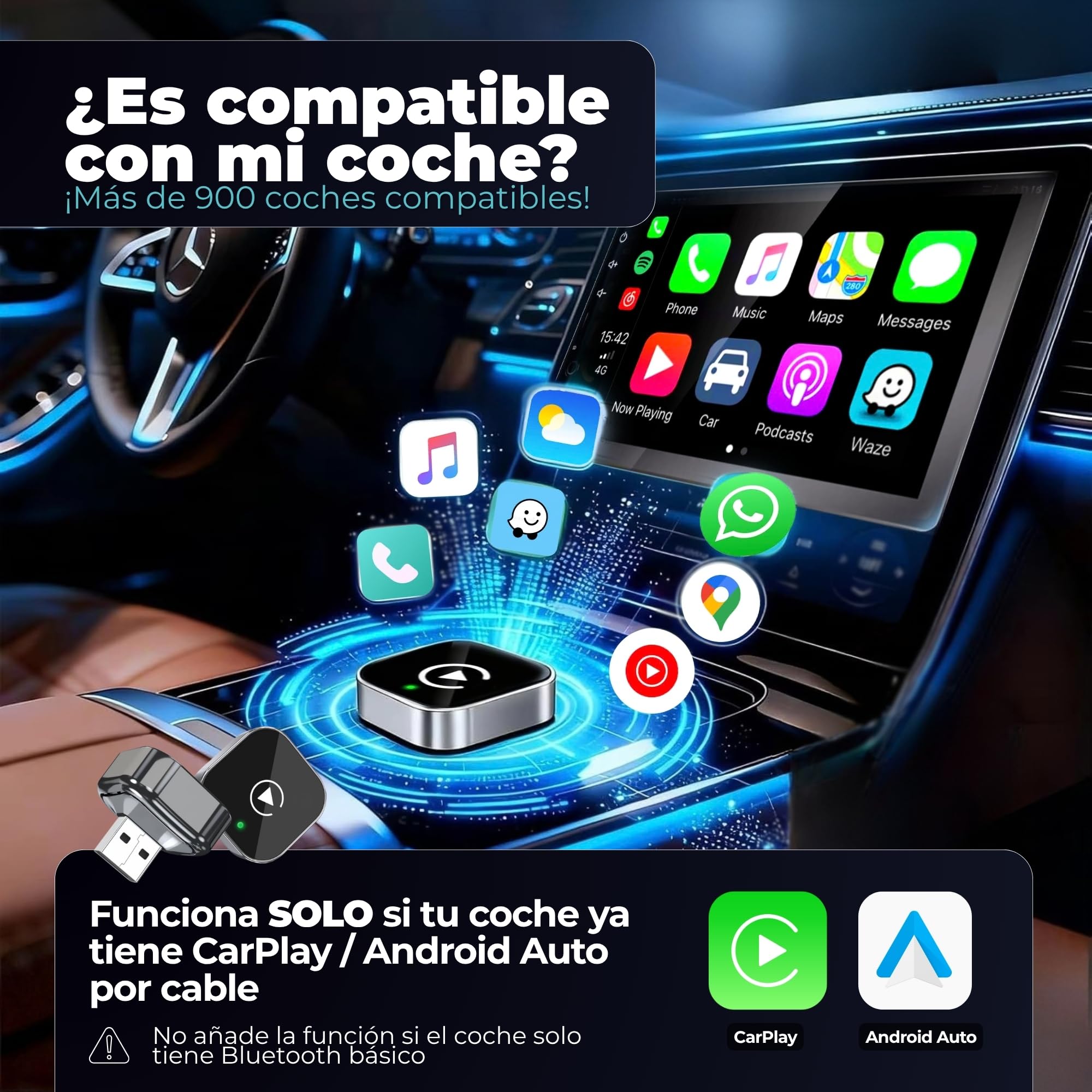 Tesorista Carplay Inalambrico 2 en 1 Mini (Versión 2026) – USB Plug & Play, Reconexión ~3 s, USB-A/USB-C y Dongle Rígido para Puertos Difíciles – Apple Carplay Inalambrico & Android Auto Inalambrico — view 2