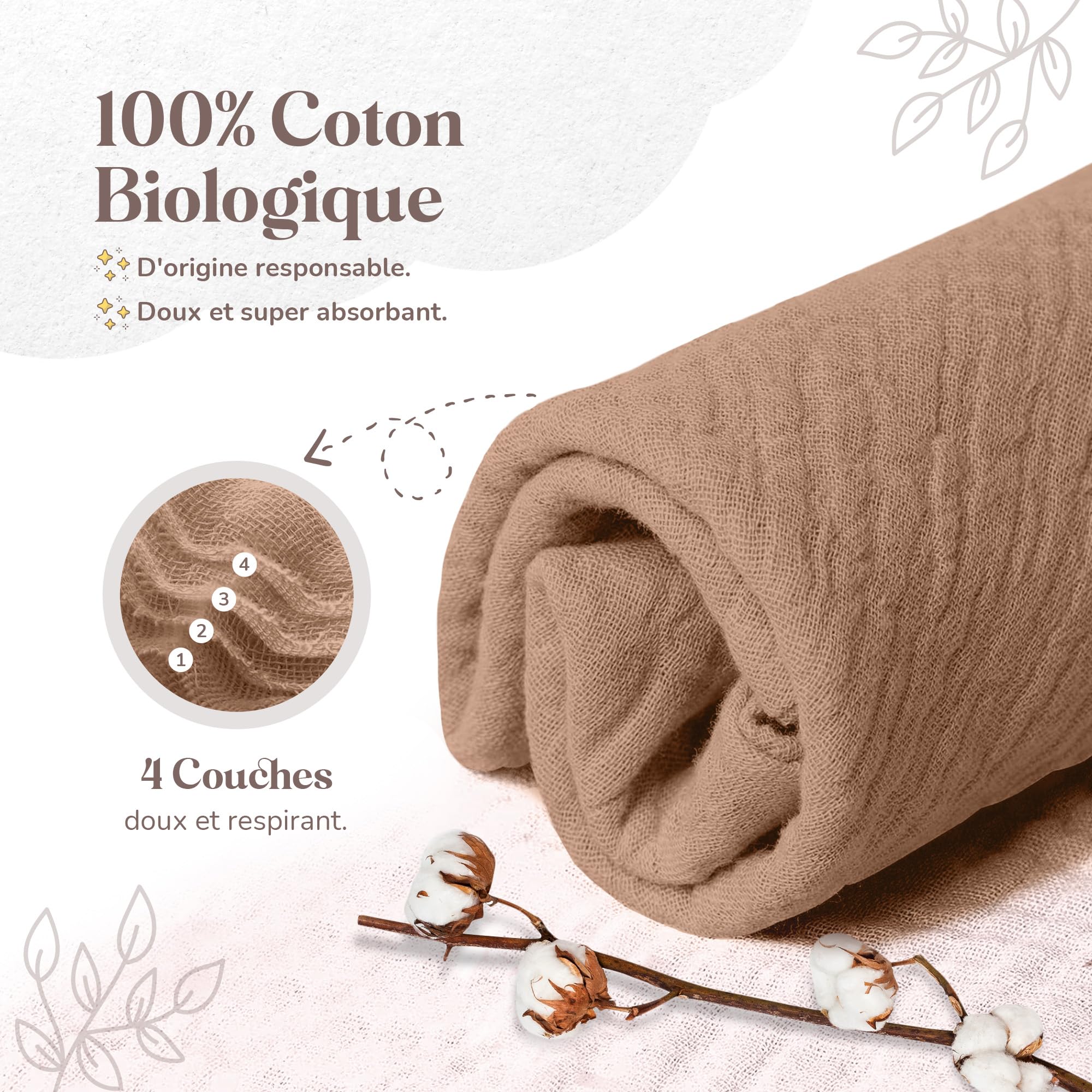 Mikito - Doudou 30x30 cm en Coton Bio - Langes en Coton - Parfait pour Envelopper Votre Nouveau-Né - Cadeaux Originaux pour Les Nouveaux-Nés (Taupe)
