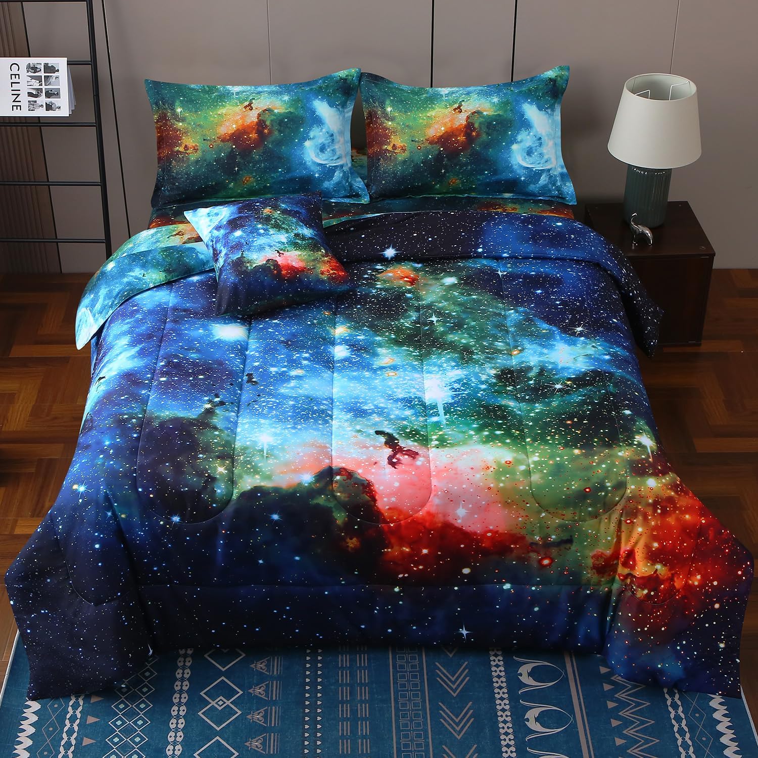 JQinHome Twin Galaxy Comforter Sets 6 Piece Bed in A Bag, Outer Space Themed Bedding for Children Boy Girl Teen Kids,1 Comforter, 1 Flat Sheet, 1 Fitted Sheet, 2 Pillowshams, 1 Cushion Cover(Blue)
