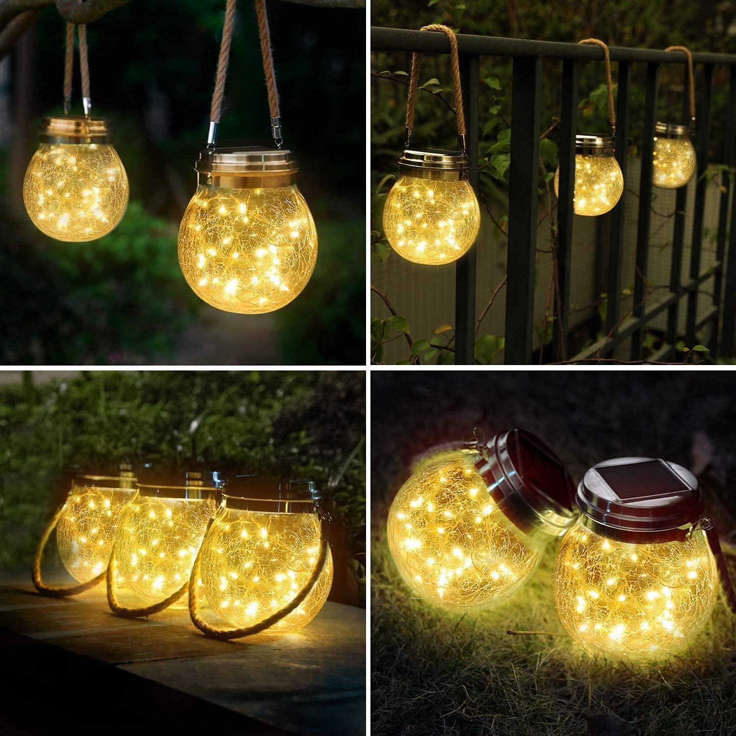 Lanterna solare a sfera in vetro craquelé, confezione da 2 luci solari da appendere per esterni, impermeabili, con 30 LED bianco caldo, decorazione per esterni, patio, cortile, prato, vialetto