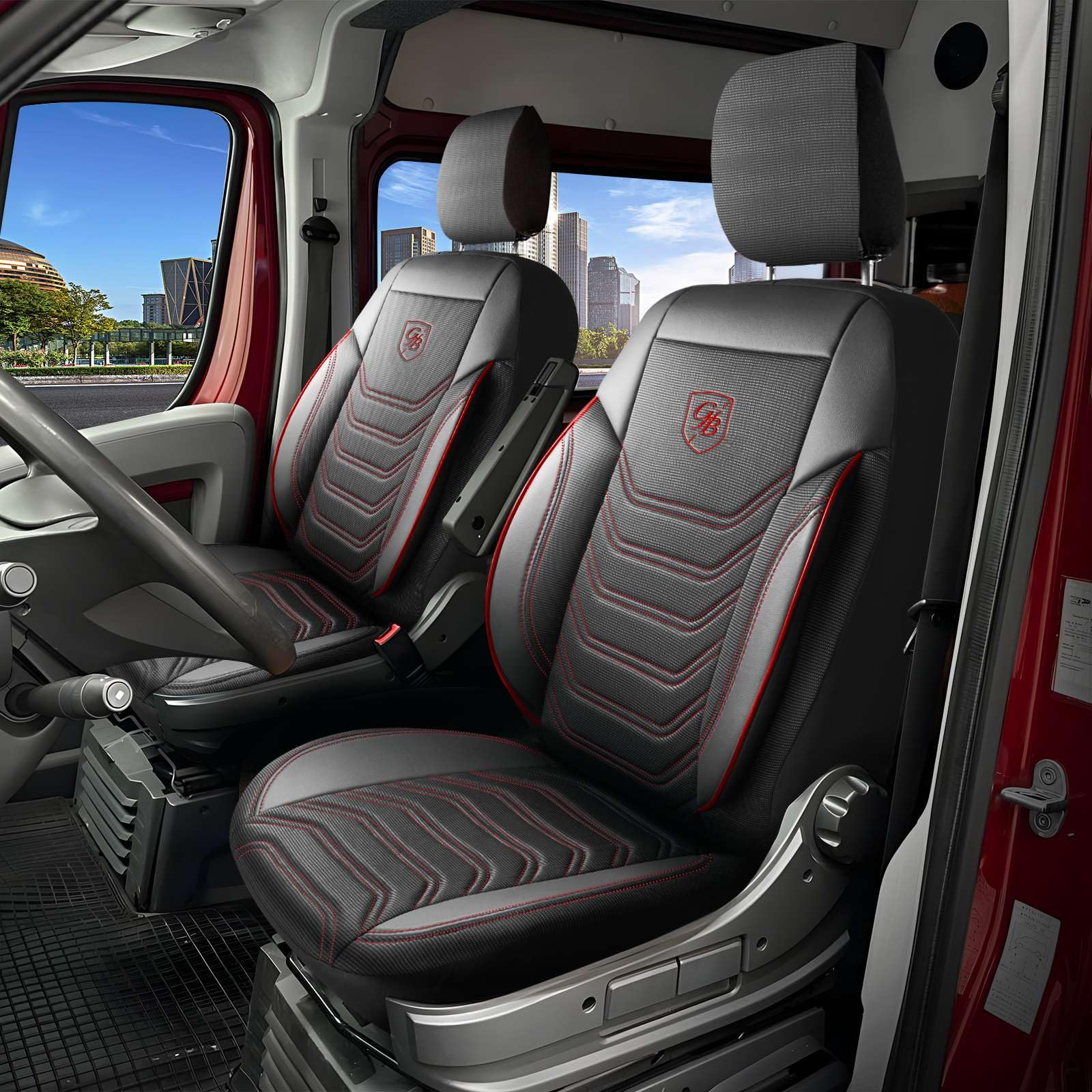 Housses de siège Auto 1+1 pour Transit Custom (2015-2023) – Sièges Avant Premium en Tissu piqué, Noir-Rouge, Set de sièges Avant avec kit de Montage