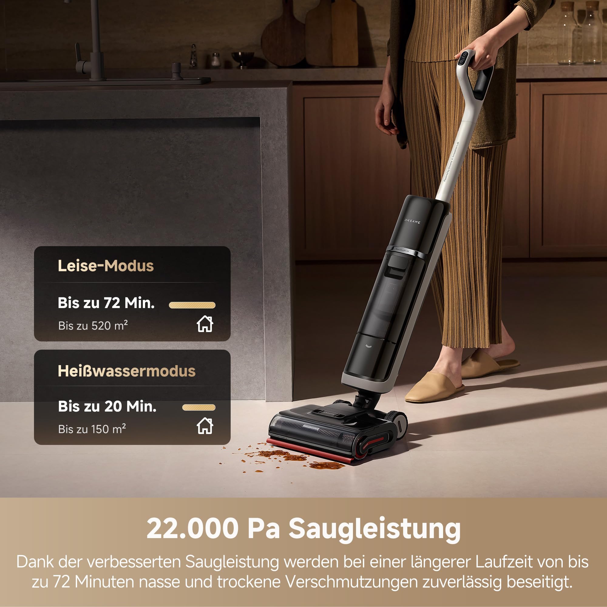 dreame H15 Pro Heat Nass- und Trockensauger, 85° C Wasser, GapFree AI-Roboterarm, RGB-Erkennung, 22.000 Pa Saugleistung, Haarentwirrung, 100° C Bürstenreinigung, 5 Min. 90° C Trocknung, App-Steuerung