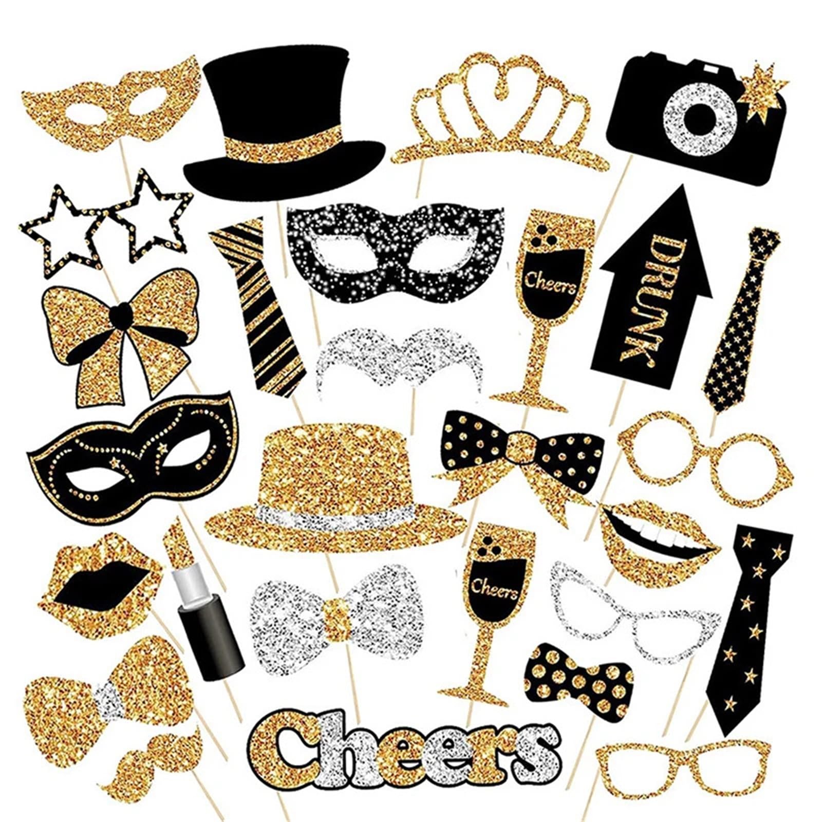 30pcs Black and Gold Party Photo Booth Props - Suitable for Birthdays, Weddings, Graduations and New Year Celebrations