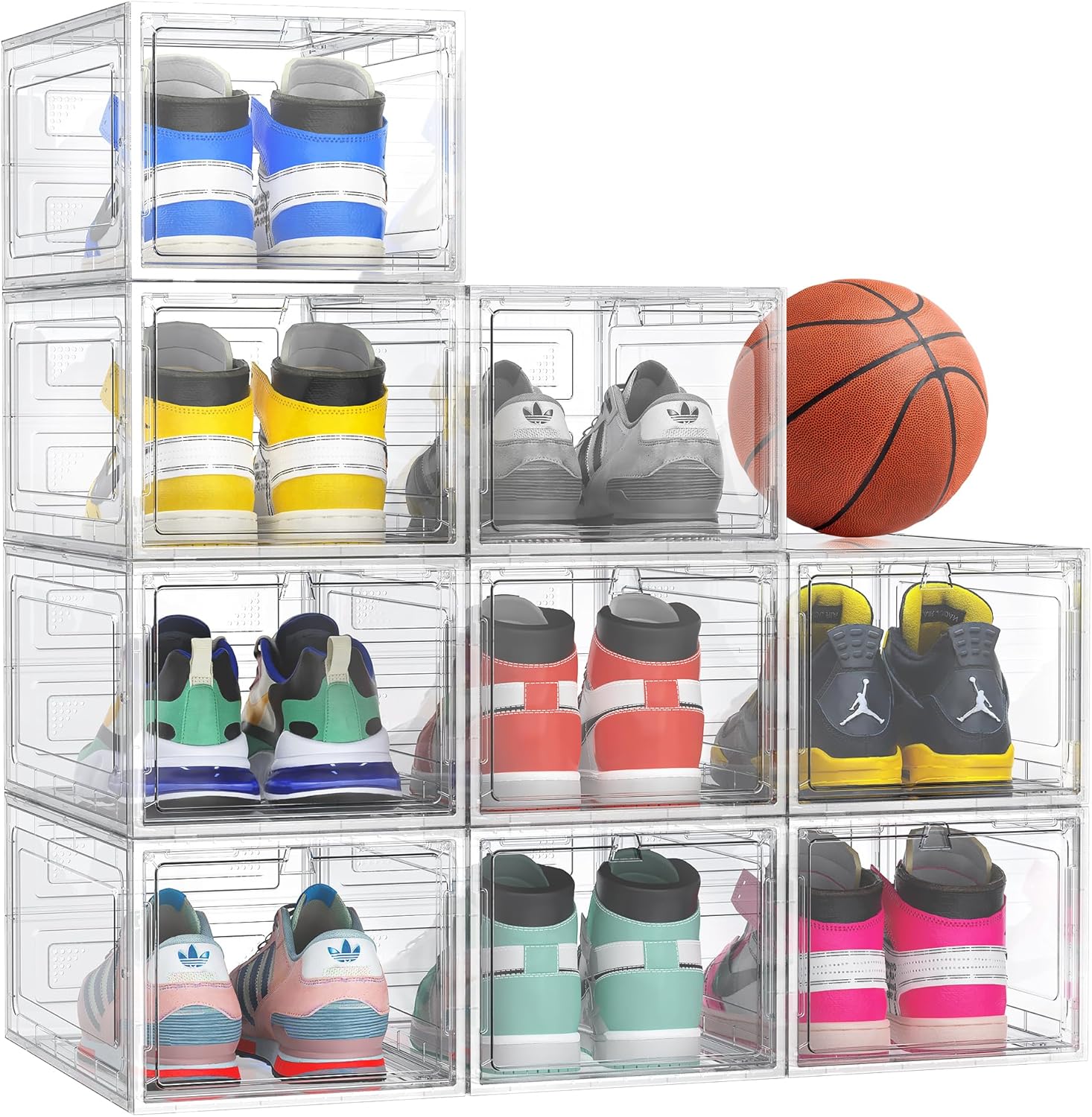 9 Pack Hard Sturdy Thickened Rigid XX Large Shoe Storage Organizer for Closet, Clear Stackable Sneaker Shoe Boxes Rack Containers Display Case Bins with Lids, White