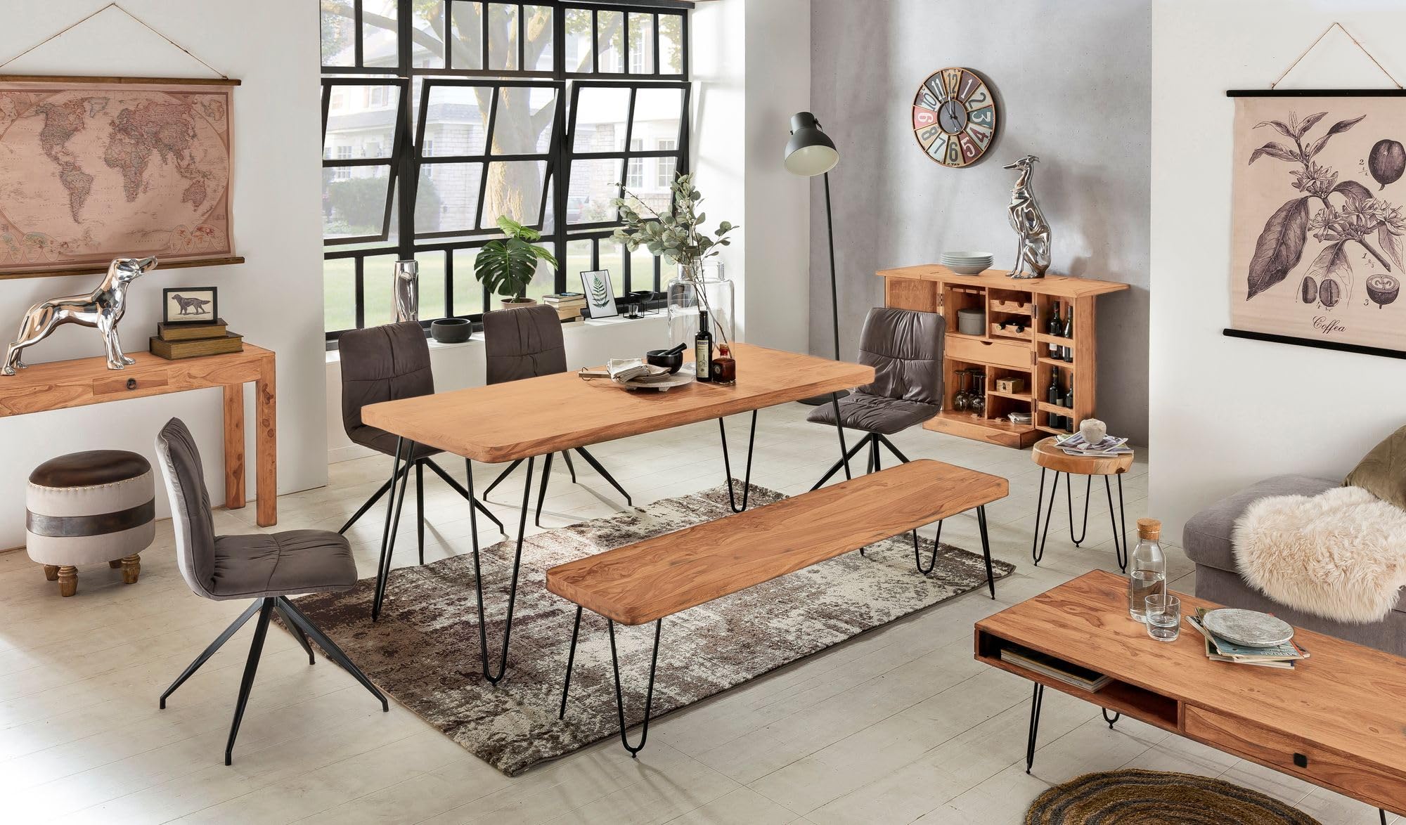 FineBuy Banc de Cuisine en Bois Massif Acacia/Métal 160 x 45 x 40 cm | Style Champêtre pour Salle à Manger - Capacité de Charge 200-250 kg | Table de Cuisine