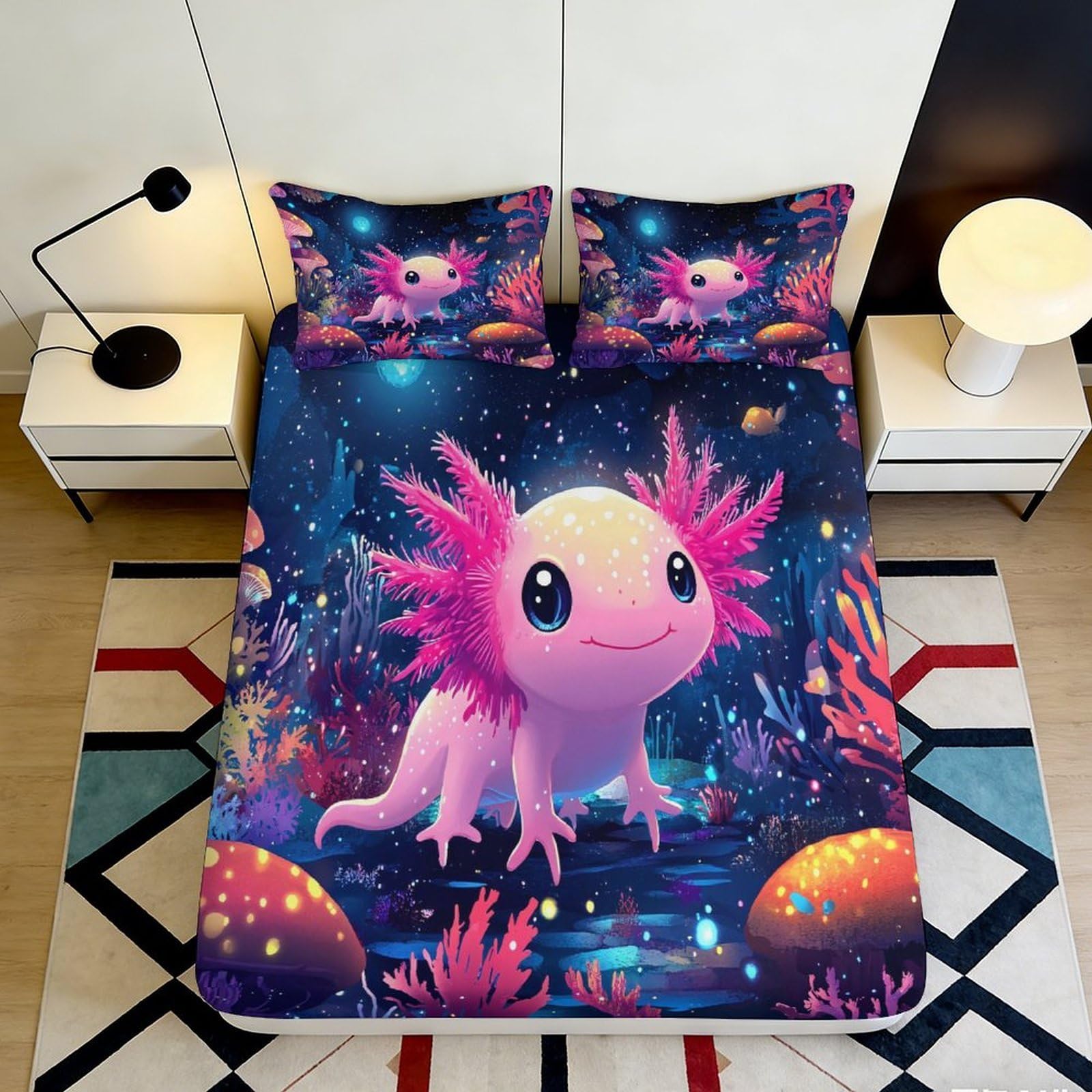 3D Printed Cute Axolotl Fitted Sheet Microfiber Soft Cartoon Underwater Mattress Cover for Bedroom Guest Room Decor 90x200x25cm
