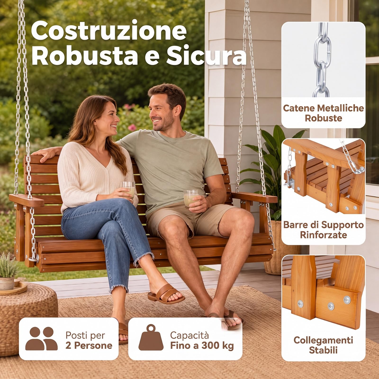 COSTWAY Altalena da Giardino a 2 Posti, Panca Sospesa in Legno | con Altezza Regolabile, Schienale Ergonomico e Sedile a Doghe, Panchina da Appendere per Giardino e Cortile, Portata 300 kg