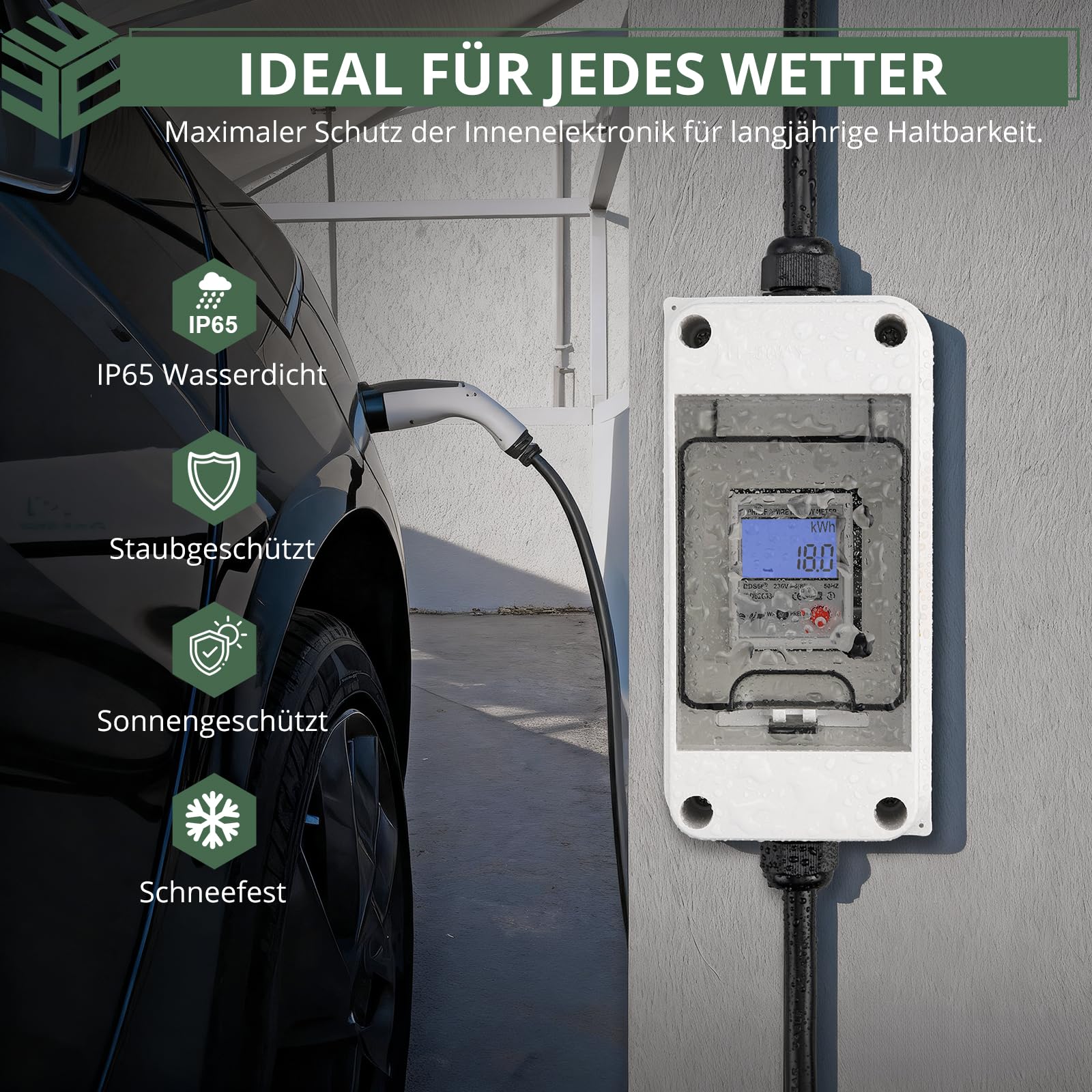EYPINS Mobilny cyfrowy licznik prądu 80 A, 230 V, outdoorowy, mobilny miernik KWH, wodoszczelność IP65, przenośny licznik prądu LED z resetem, wtyczka SK, sprzęgło SK, do samochodów kempingowych