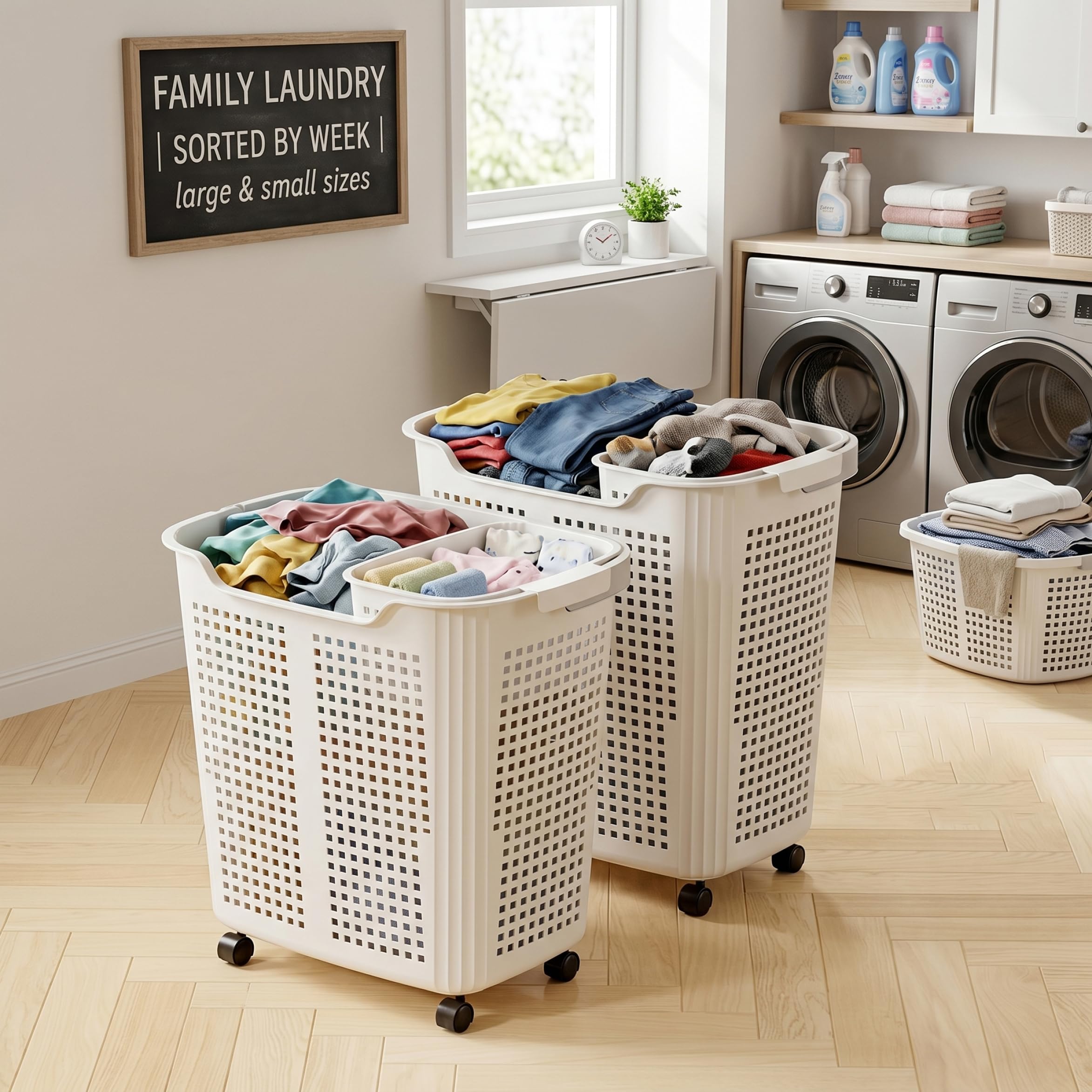 2 Stück rollender Wäschekorb mit Rollen, Kunststoff, weiß, Griff, Rollkorb | Belüftete Kunststoffkonstruktion, leichtgängige Räder, ideal für Badezimmer und Schlafzimmer