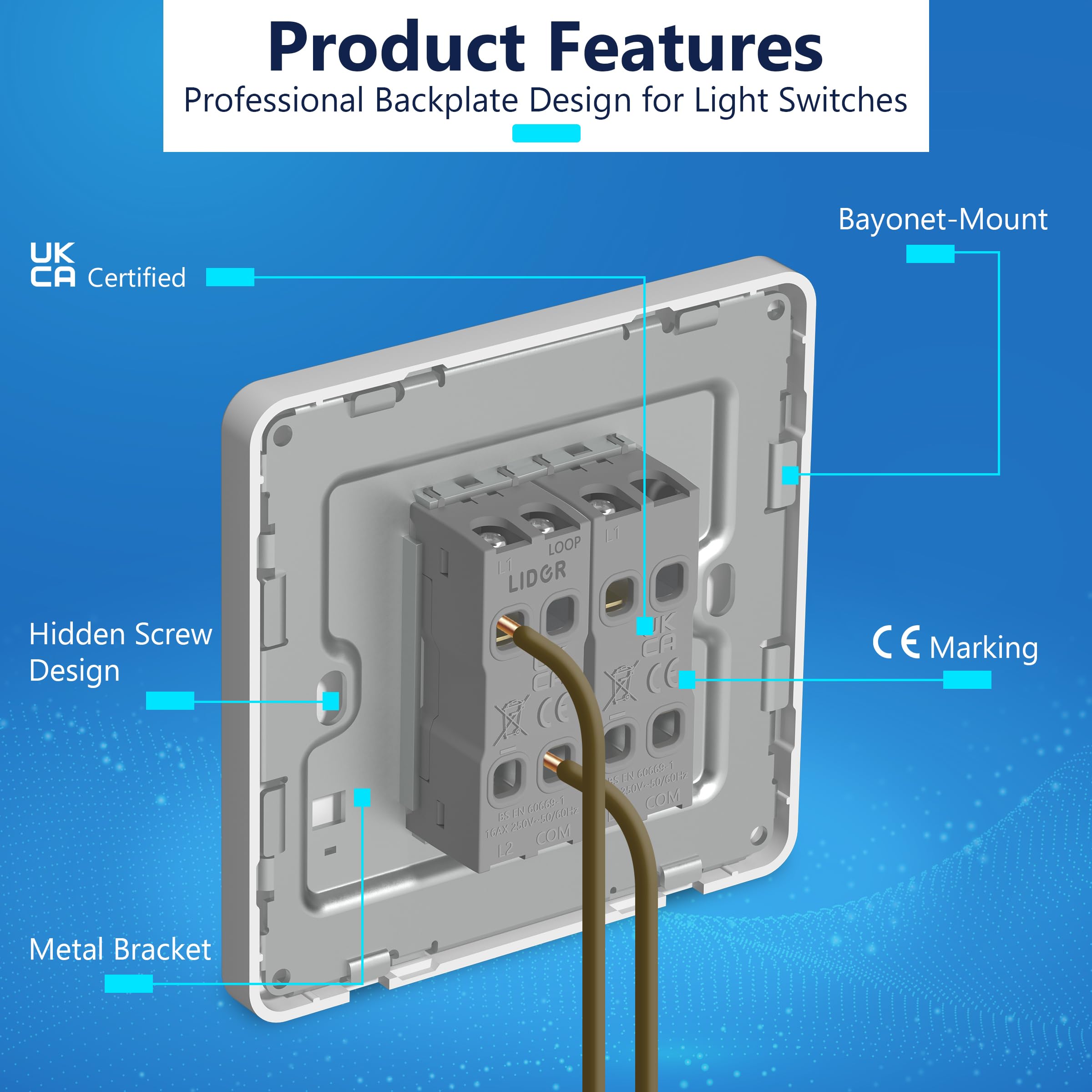 LIDER 2-Gang Screwless Light Switch, 1-Way/2-Way, UKCA Certified, Plastic Screwless Faceplate, RoHS Compliant - Image 4