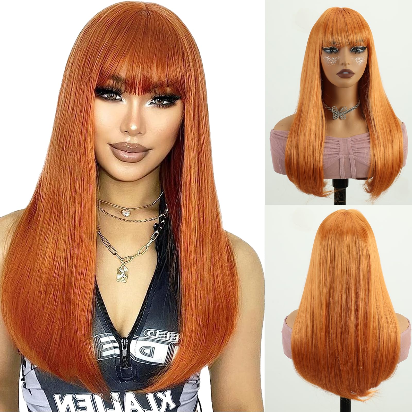 Creamily Long Orange Wig with Bangs