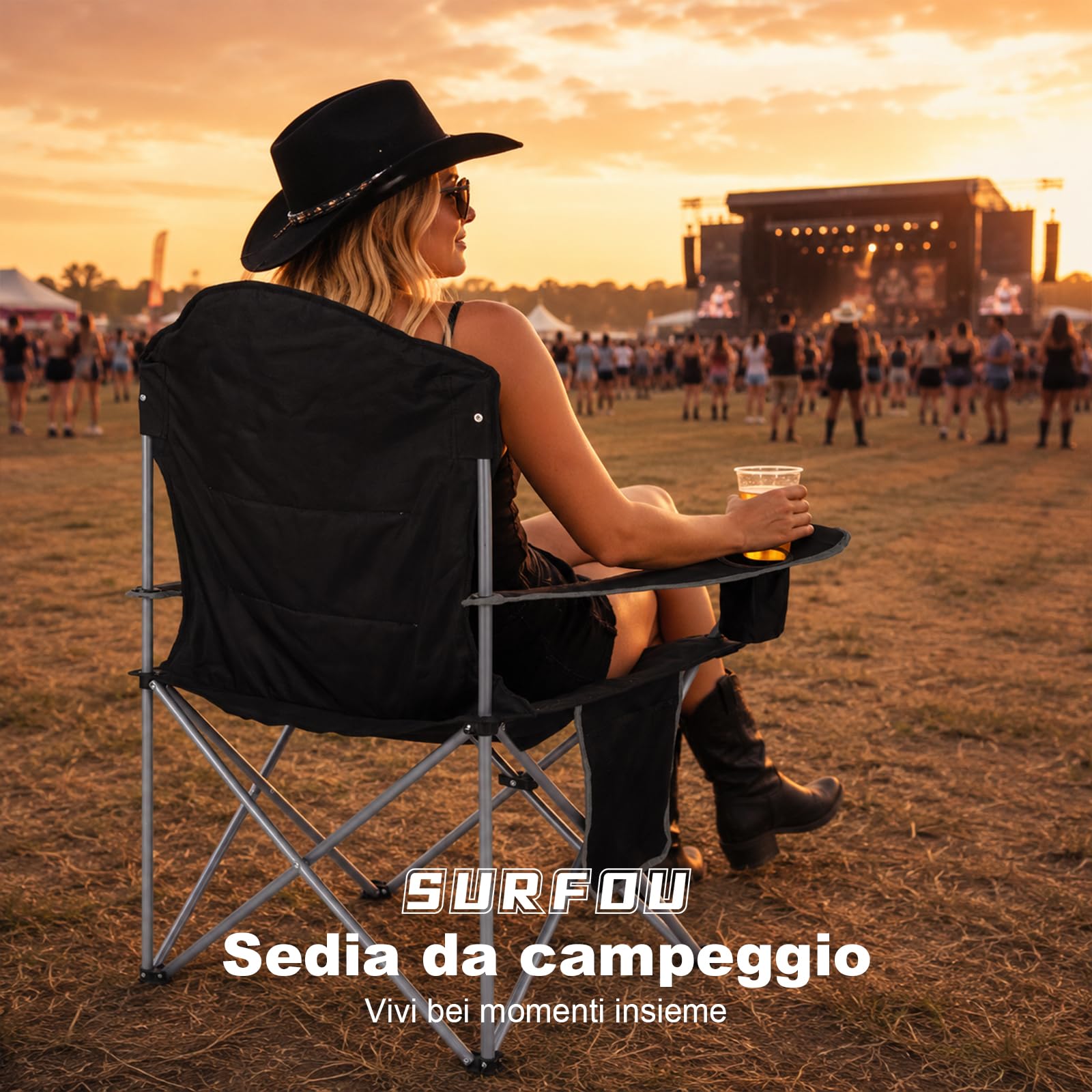 Sedia da Campeggio Pieghevole, Portata 160kg, Schienale Alto, Seduta Ampia, Imbottita in Cotone, Sedia da Campeggio XXL per Campeggio, Festival, Spiaggia, Giardino e Balcone