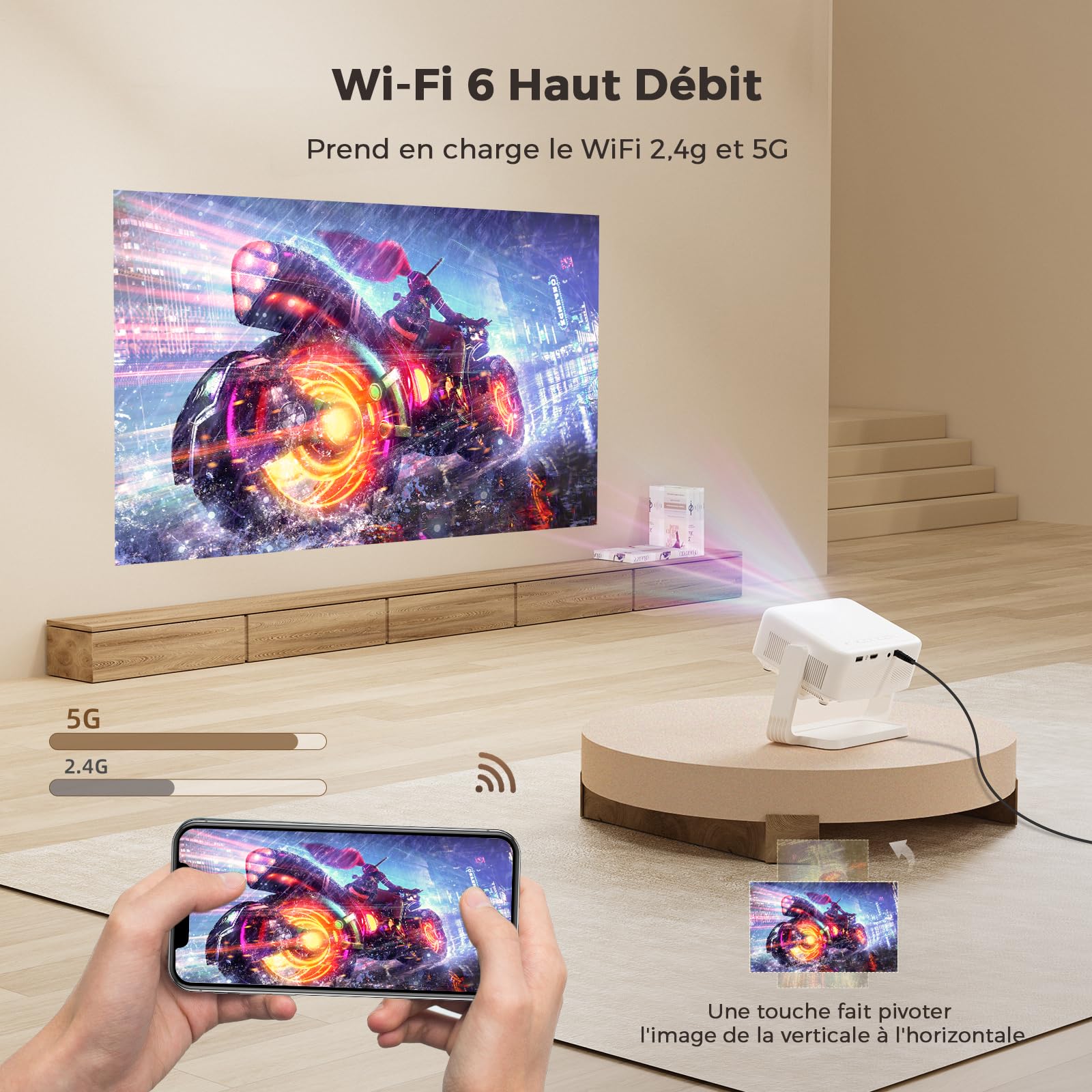 Videoprojecteur, Auto Verticale Keystone/Focus Électrique /360°Rotating, 1080P HD 19000Lux Projecteur Video, avec WiFi6, Bluetooth Lisowod Retroprojecteur Portable pour Home Cinéma/FireStick/HDMI/USB