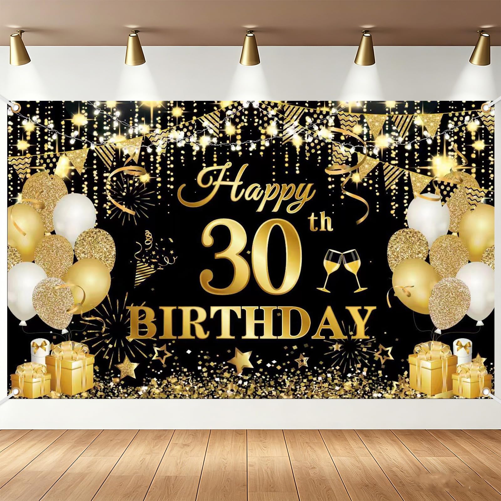 Happy 30th Birthday Banner, 30th Birthday Backdrop with Cake Topper Decorations Black Gold, Fabric Photo Background Signs for Men Women 30 Birthday Indoor Outdoor Decor