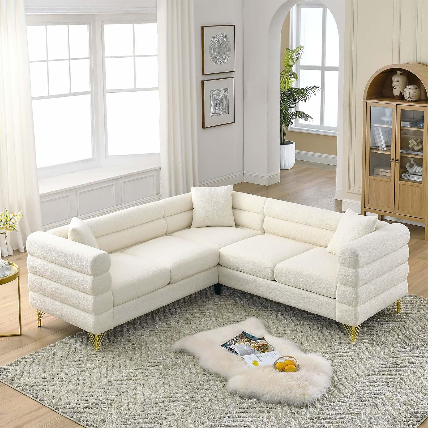 Antetek L-Shaped Sectional Couches, Modern Teddy Fabric