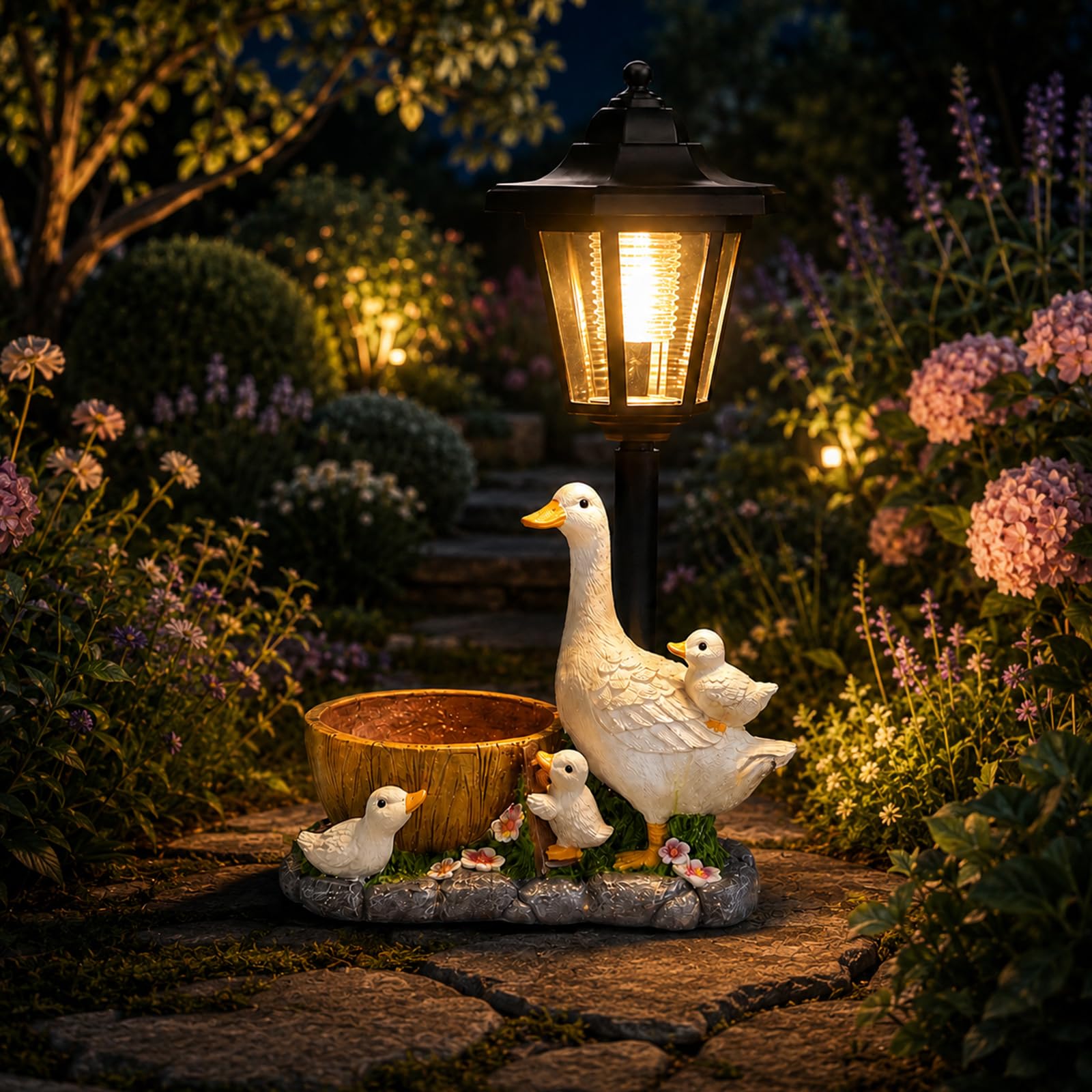 Suxulxn Solar Duck Statue with Lantern & Flowerpot, Solar Powered Garden Ornaments Outdoor Decor for Patio Lawn Backyard Porch, Unique Mothers Day Birthday Gifts