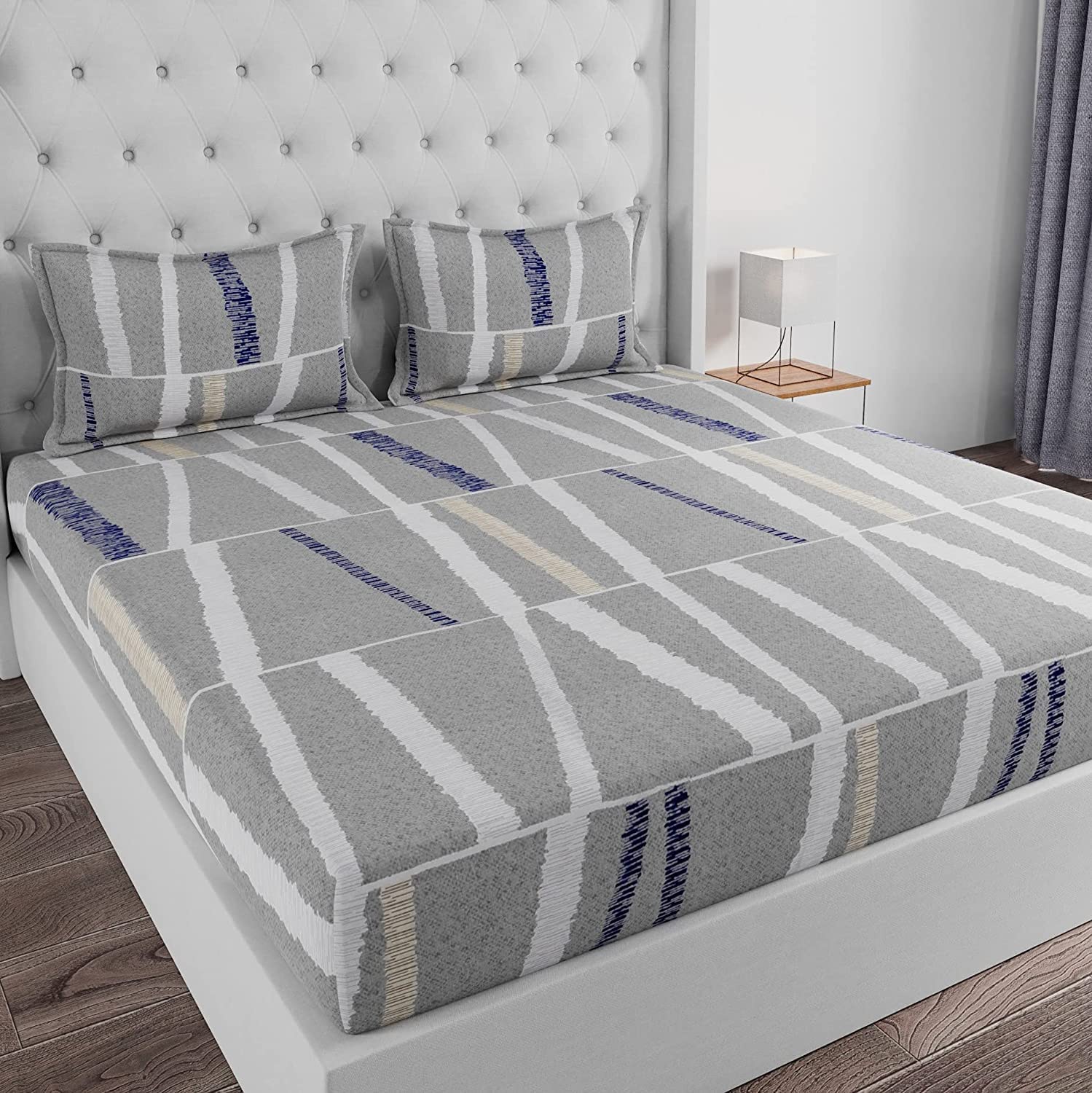 Huesland by Ahmedabad Cotton 144 TC Cotton Bedsheet for Double Bed with 2 Pillow Covers - Grey, Blue & White-picture-38