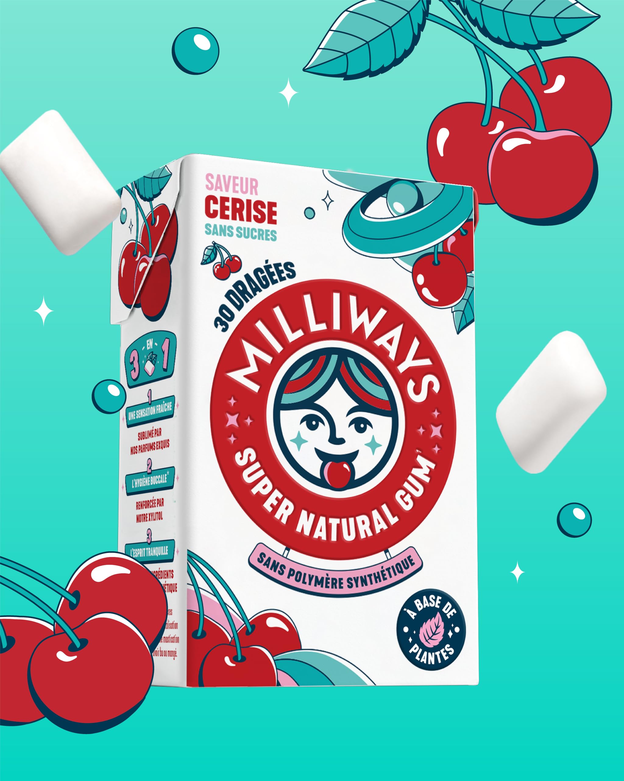 MILLIWAYS Chewing gum sans sucres à la cerise 10 boîtes 30 dragées 60g Xylitol
