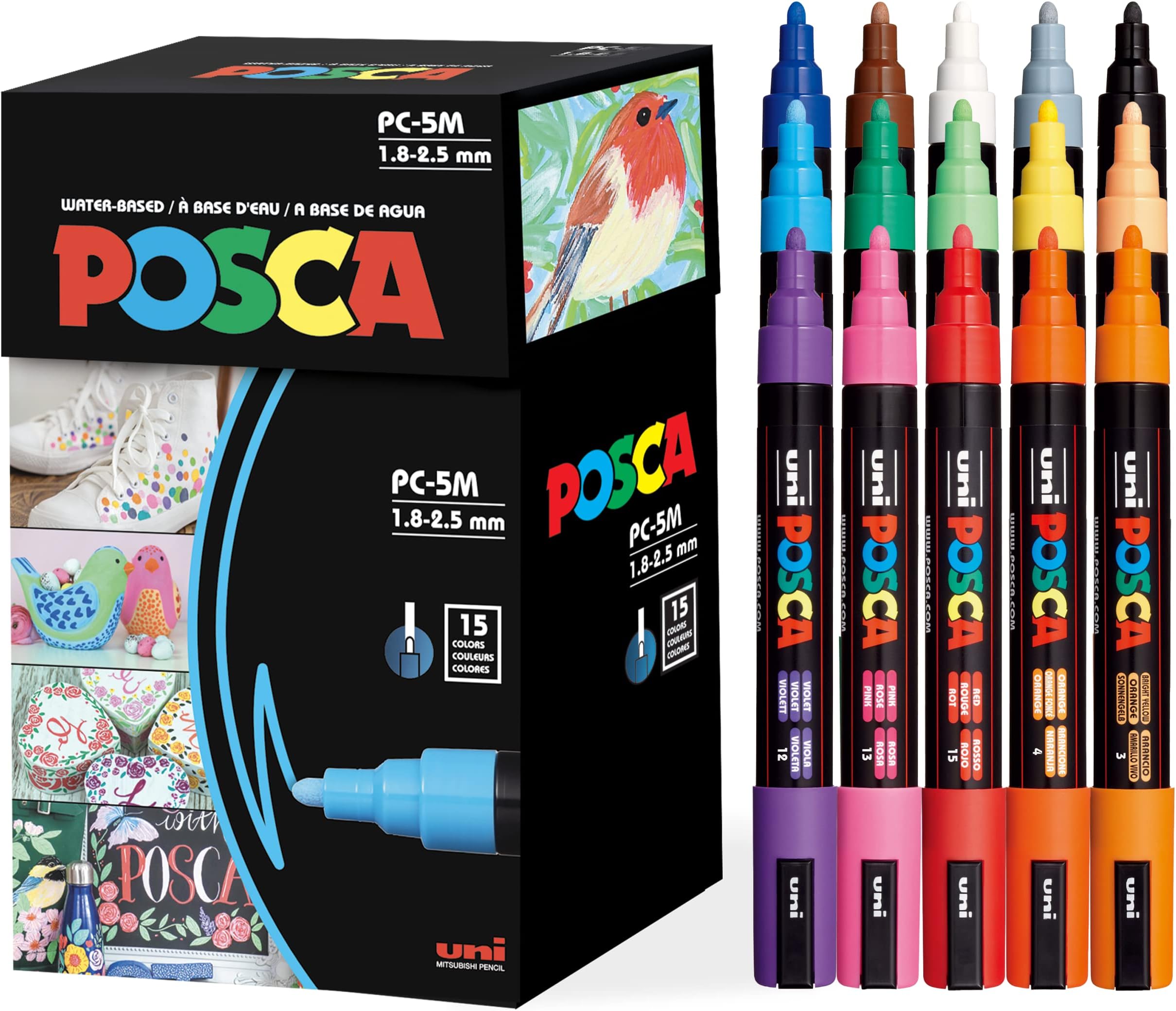 POSCA Uni-Posca Paint Marker Pen - Medium Point - Set Of 15 (Pc-5M15C), Multicolor
