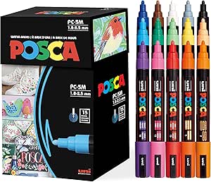 Posca Paint Art Markers, Set of 15 5M Medium Posca Markers with Reversible Tips, Set of Acrylic Paint Pens for Fabric, Metal, Glass, Rocks and Canvas