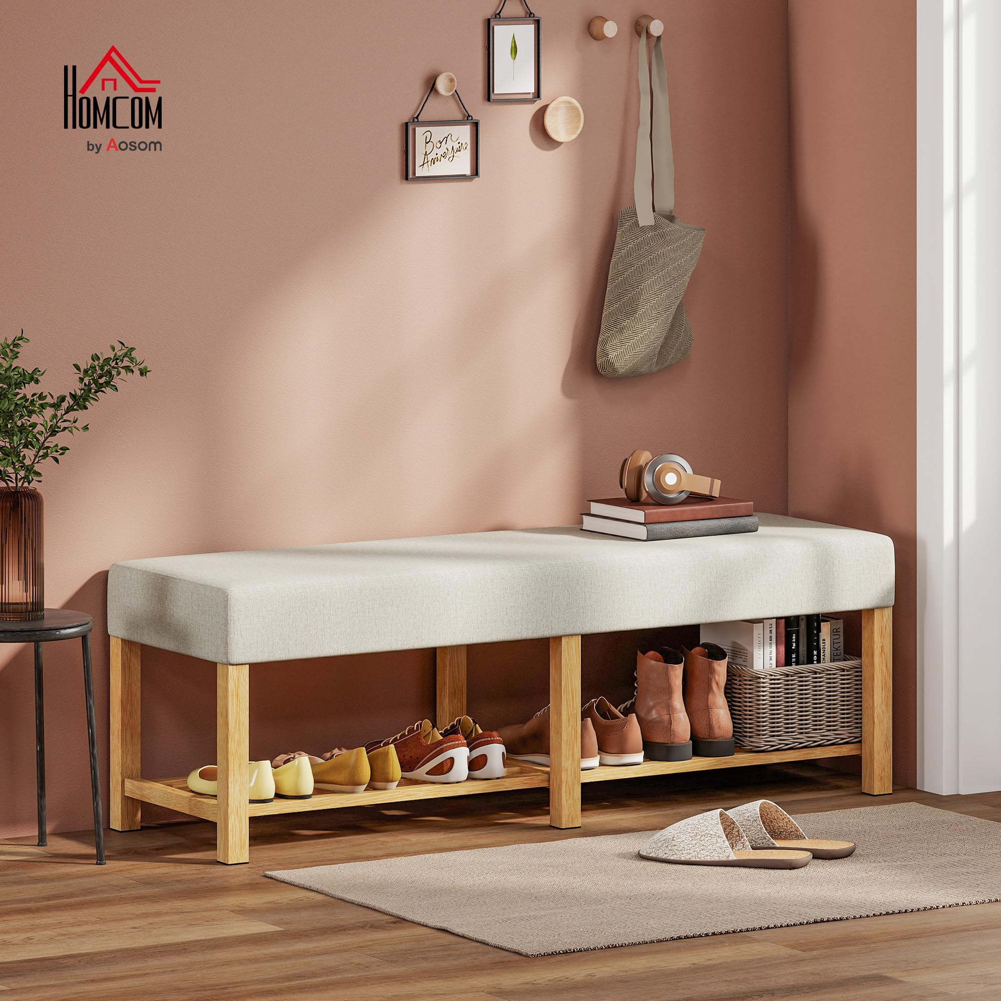 HOMCOM Banco Zapatero Banco Recibidor 140x44x48 cm Crema y Madera Natural | Asiento Acolchado para 2 Personas, Estante Abierto, Marco de Madera, para Entrada Pasillo Salón