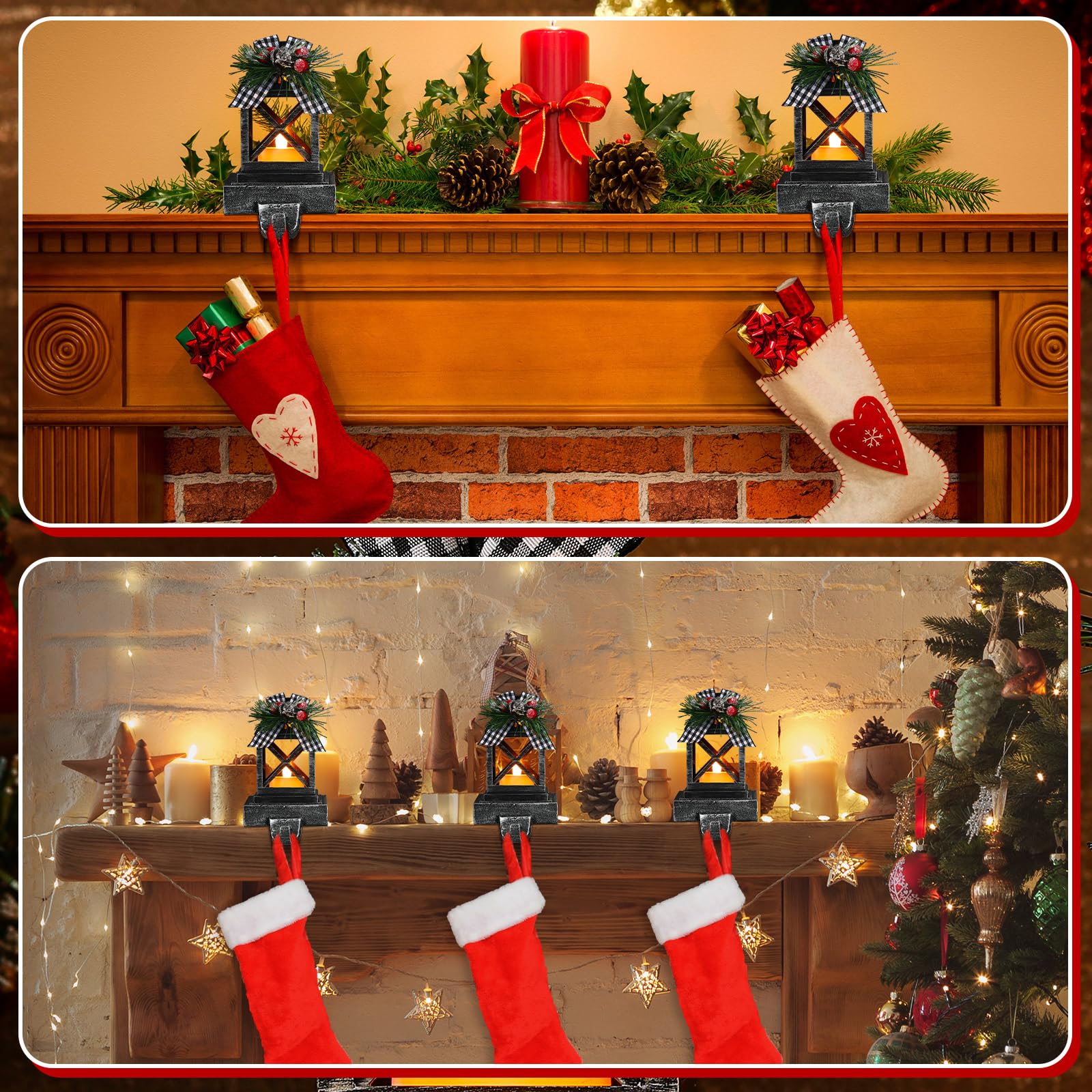 Therwen 2 soportes para calcetines de Navidad, farol, ganchos de Navidad para mantel, ganchos de Navidad, soportes decorativos retro para decoración del hogar, interiores y exteriores (clásico, negro)