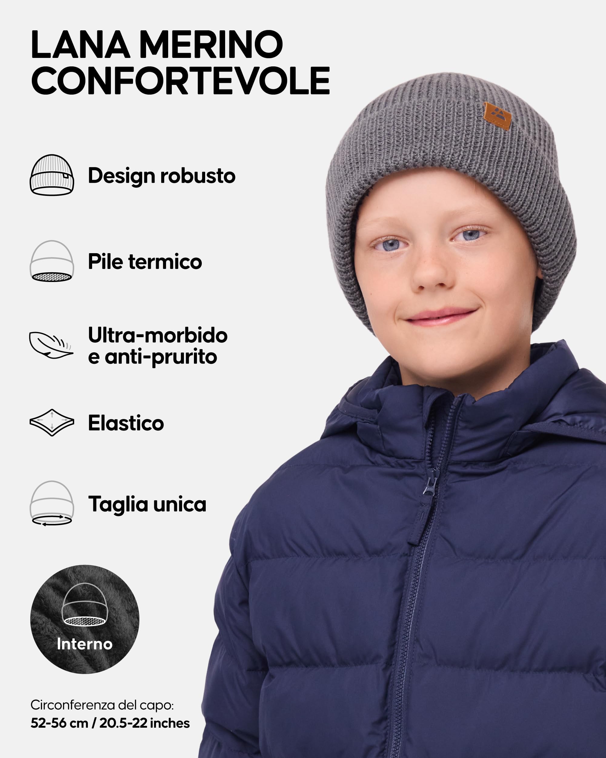 DANISH ENDURANCE Berretto Beanie in Lana Merino e Fodera Pile, Cappello in Maglia, Taglia Unica per Ragazzi e Ragazze, Beanie Invernale, Unisex,