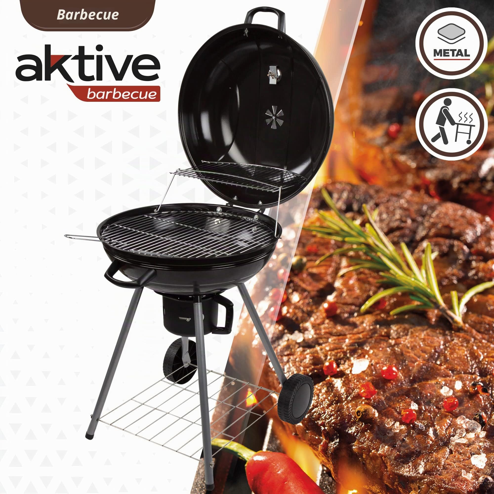 AKTIVE Barbecue a carbonella portatile con coperchio, Ø57x86cm, Rotondo, Metallo, Sistema di ventilazione, Cassetto per la cenere, Controllo della temperatura, 2 ruote, Trasporto facile