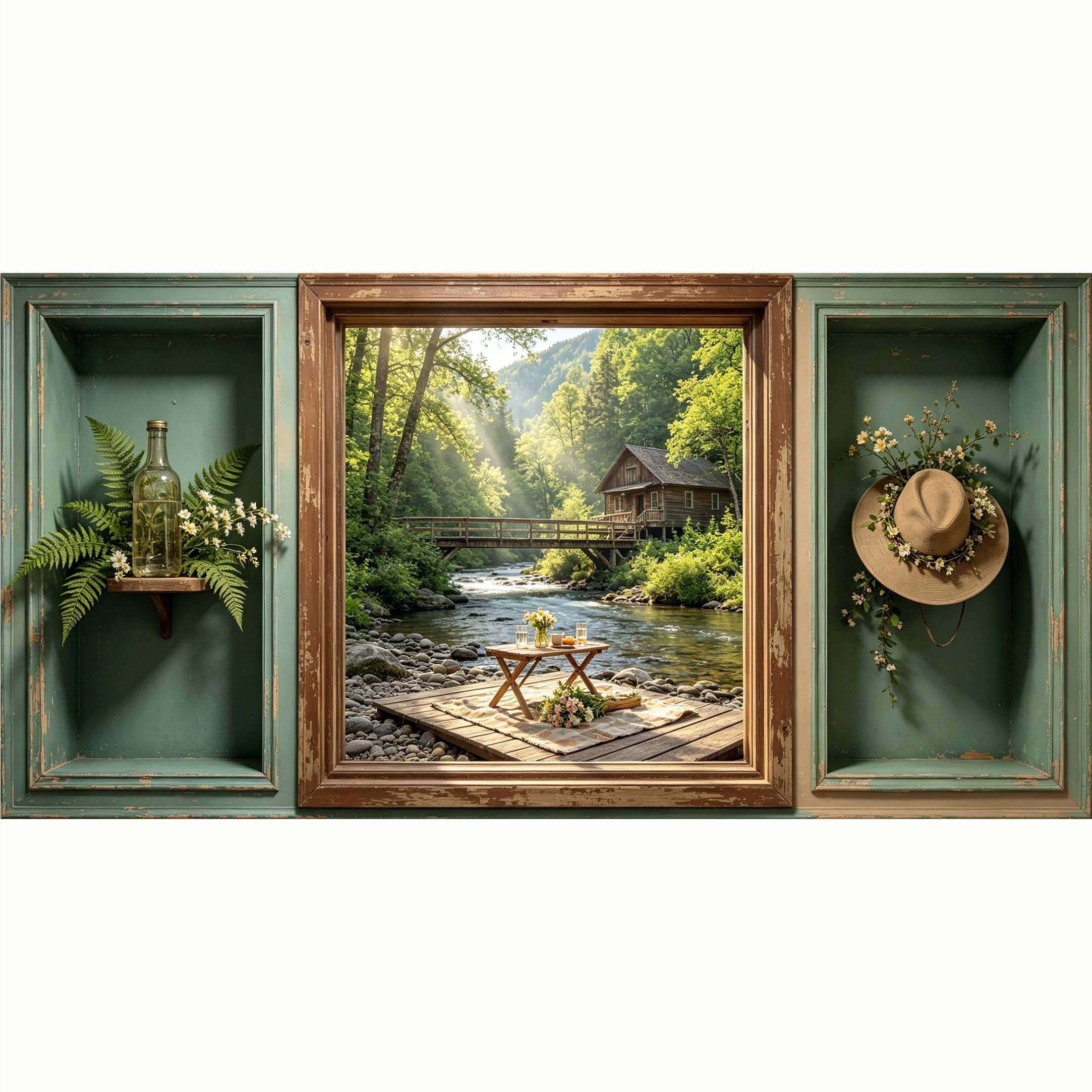 QZLITHOTIC 50x100cm 3D Framed Wall Art， Rustic Cabin Forest River Landscape SelfAdhesive Mural， WaterActivated Peel & Stick Fabric Decor Wall Decal for Bedroom Living Room