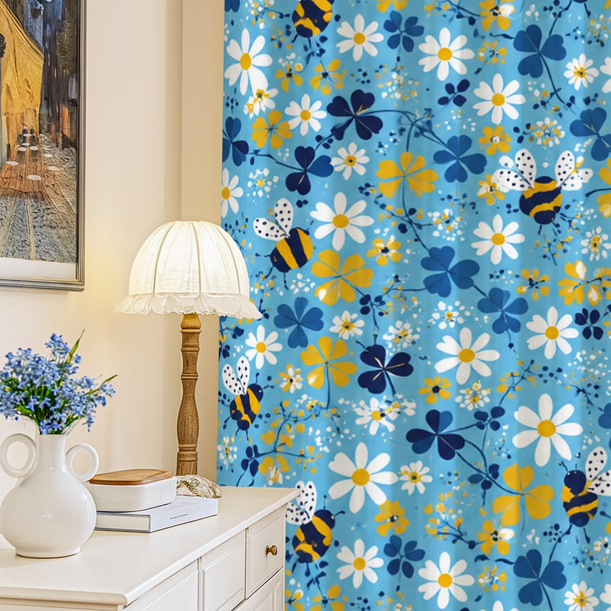 Rideaux occultants à œillets 132x213 cm bleu motif abeille