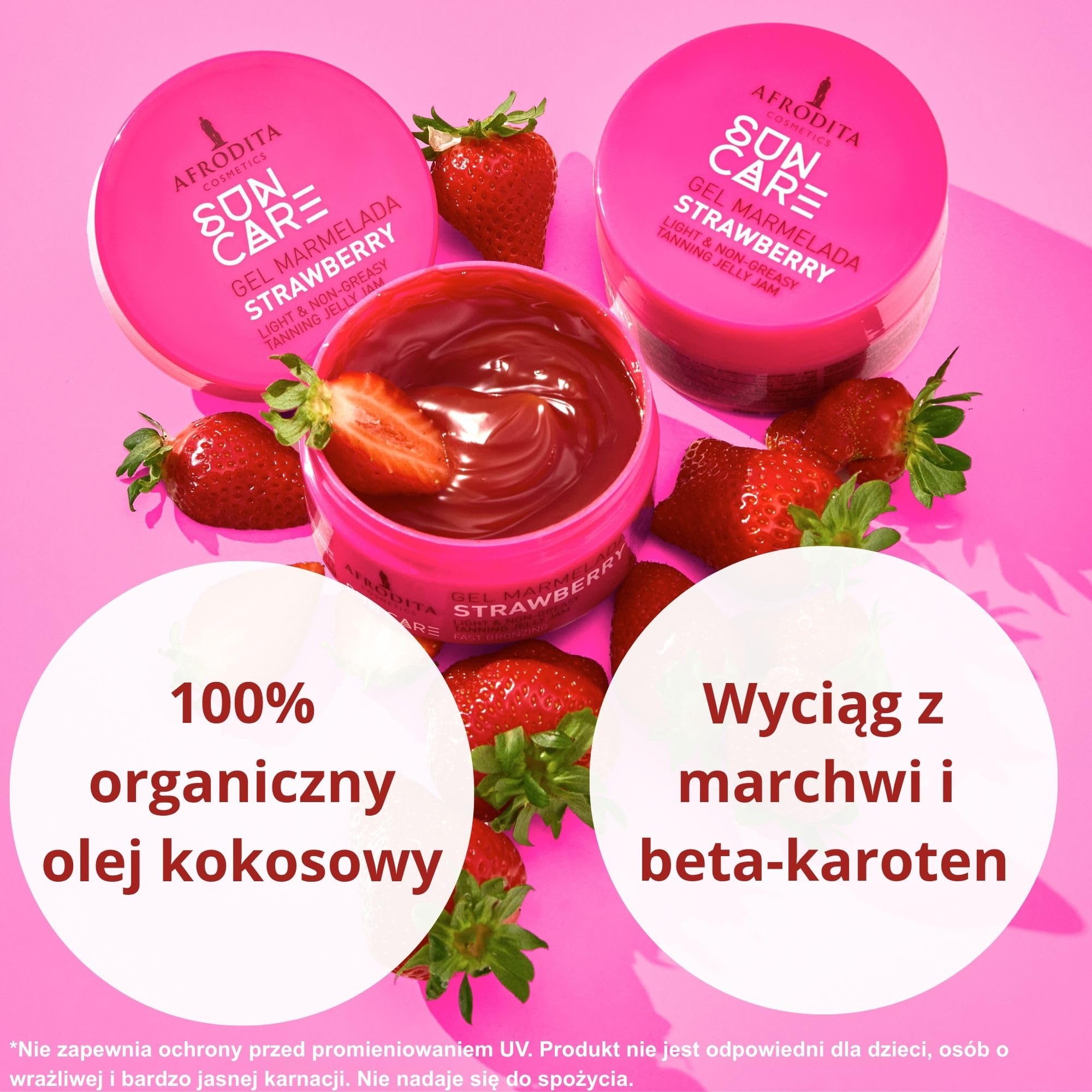 Afrodita Cosmetics Sun Care Żel truskawkowy - wegański akcelerator opalania z ekstraktem z marchwi i olejem kokosowym, lekka, nietłusta konsystencja żelu do szybkiej i intensywnej letniej opalenizny