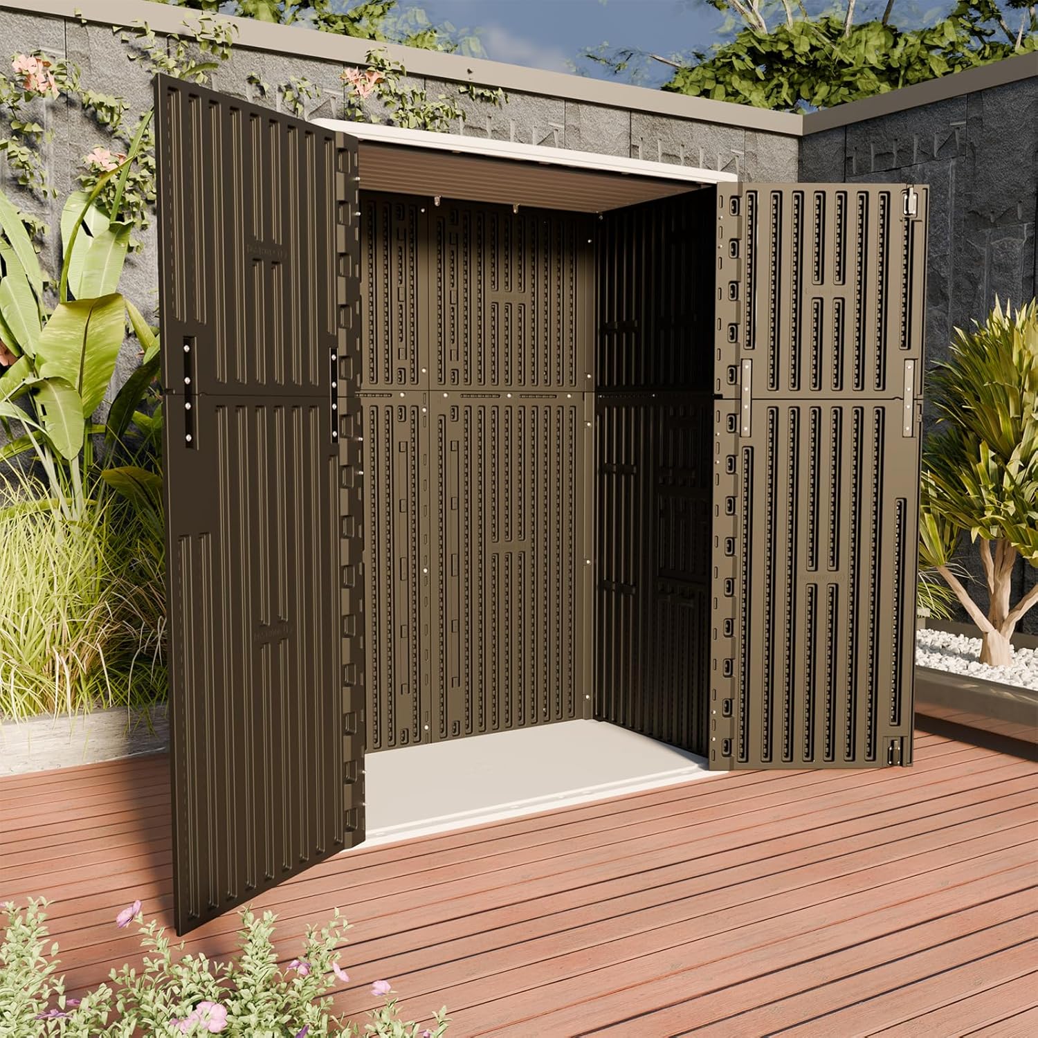 HOMSPARK Outdoor Storage Shed 57 Cu.Ft, All-Weather Resistant Resin Garden Sheds & Outdoor Storage Clearance with Floor, Double-Layer Plastic Tool Sheds for Patio, Garden & Lawn (Black)