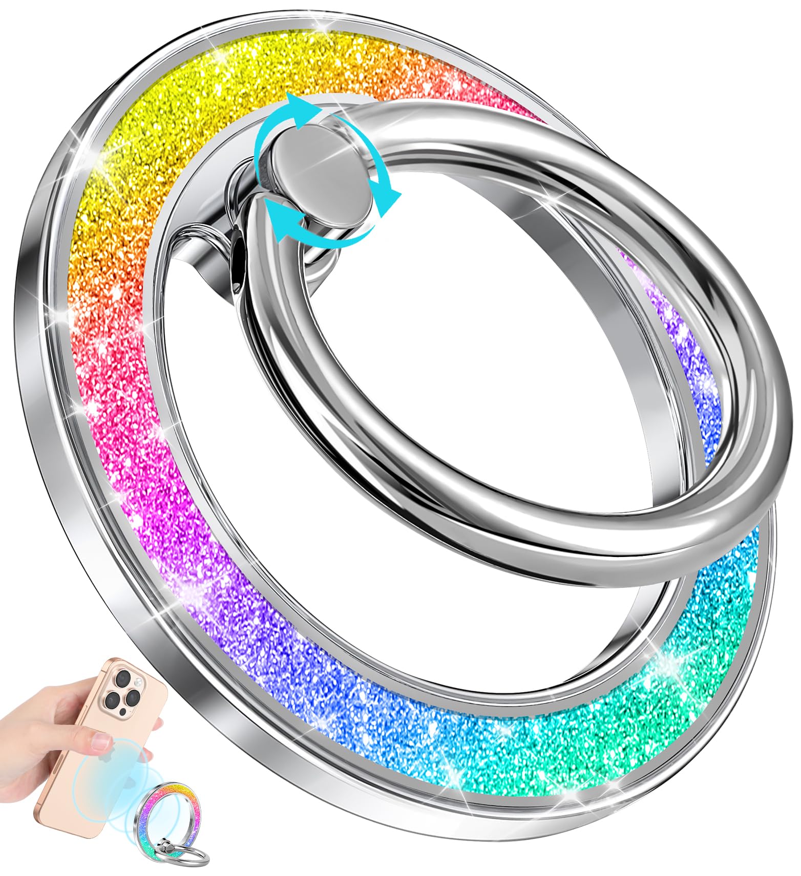 LISEVO Phone Ring Holder Compatible with MagSafe - Magnetic Cell Phone Grip for Women Cute Magnet Removable Finger Ring Grip Stand Glitter Sparkle for